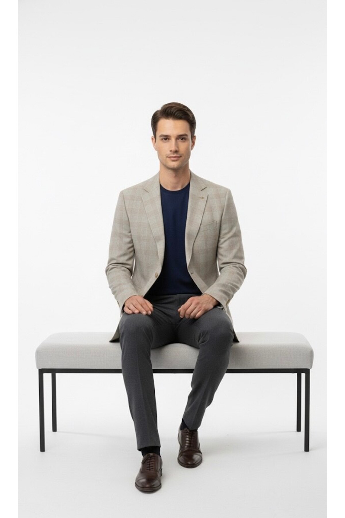 Slim Fit Kare Desenli Dokulu Bej Tek Ceket