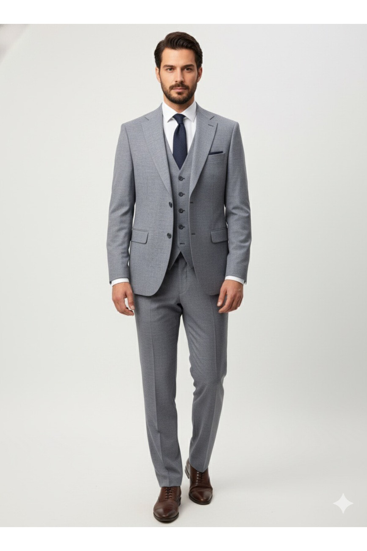 Süvari Slim Fit Mavi Armür Desenli Yelekli Takım Elbise