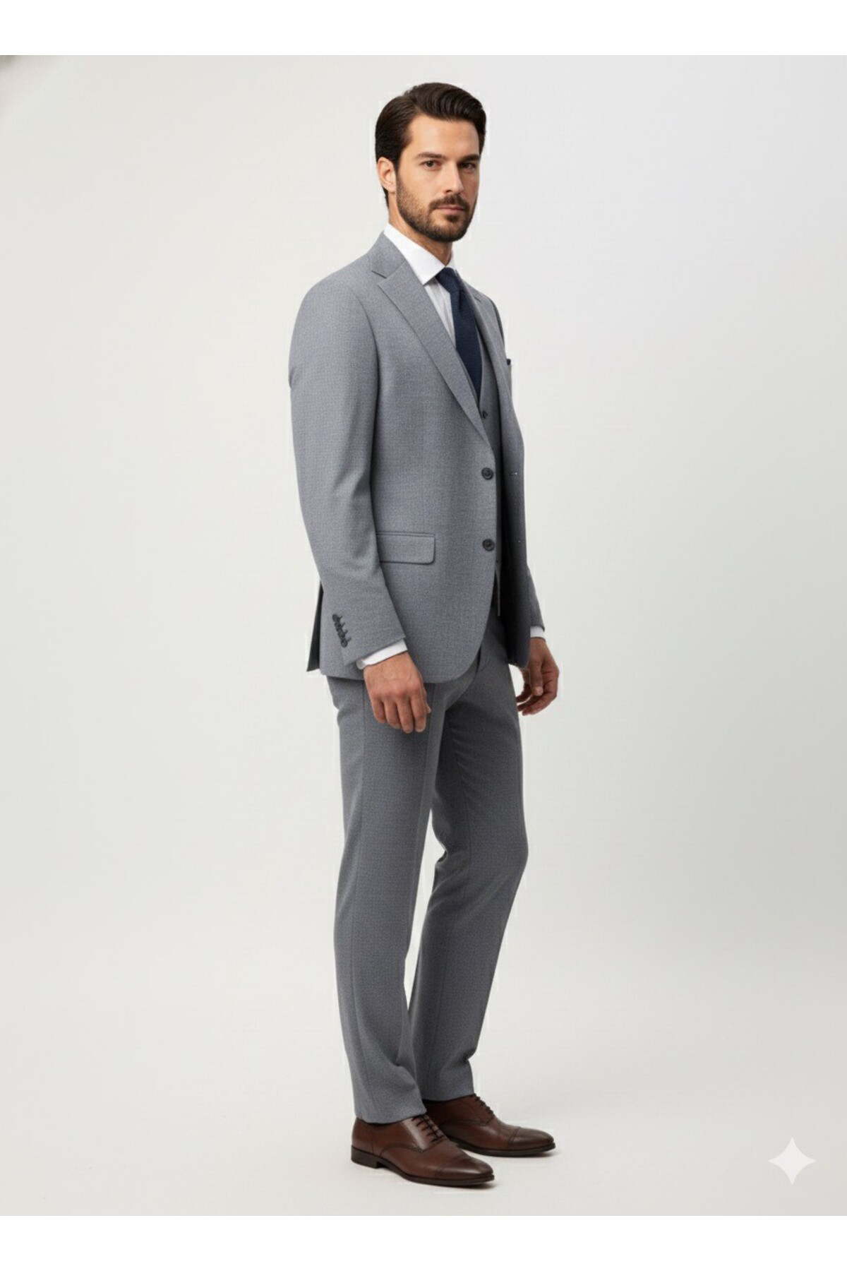 Süvari Slim Fit Mavi Armür Desenli Yelekli Takım Elbise