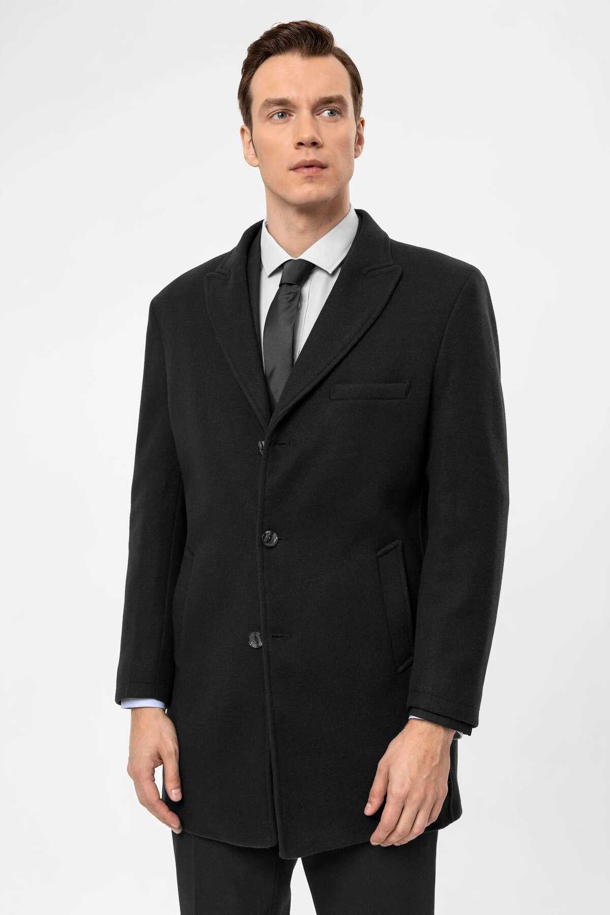 Süvari Slim Fit Yünlü Sivri Yaka Antrasit Erkek Kaban