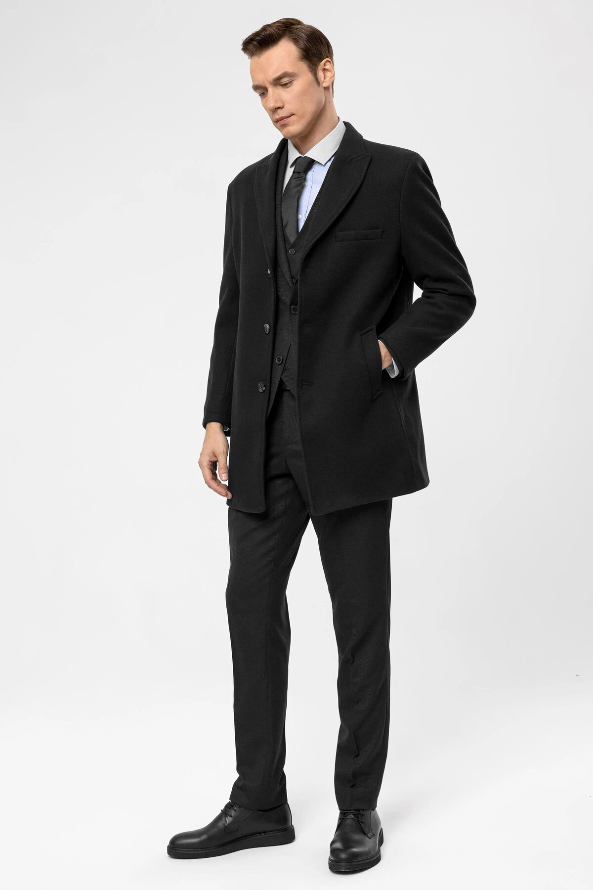 Süvari Slim Fit Yünlü Sivri Yaka Antrasit Erkek Kaban