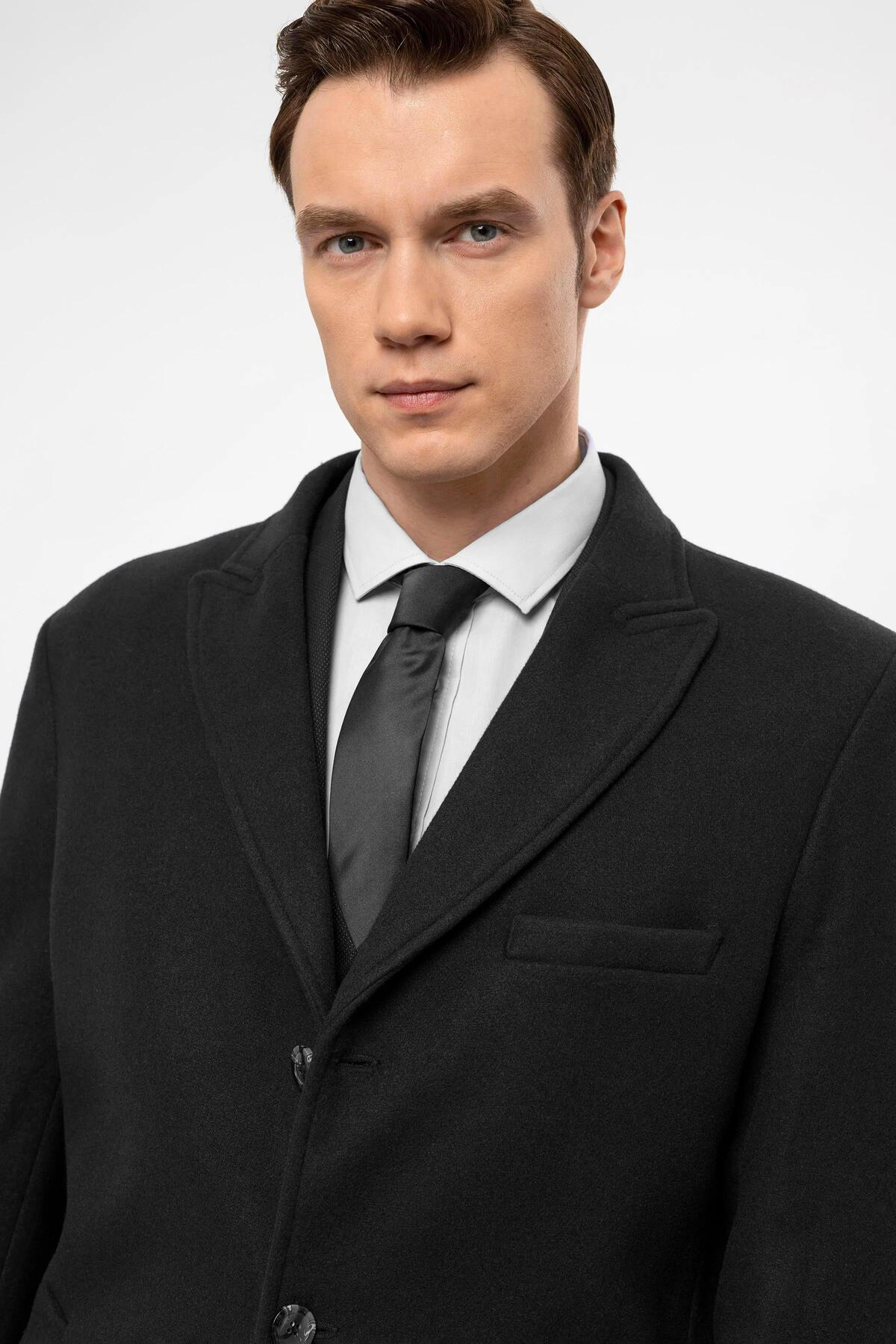 Süvari Slim Fit Yünlü Sivri Yaka Antrasit Erkek Kaban