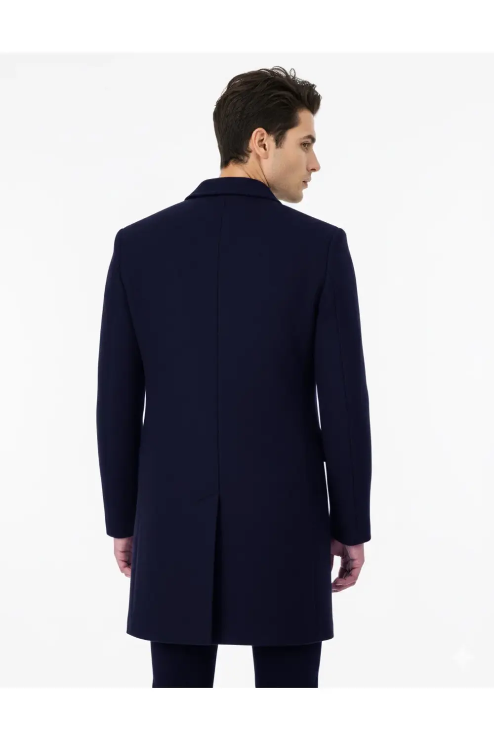 Slim Fit Sivri Yaka Erkek Koyun Yünlü Lacivert Kaban