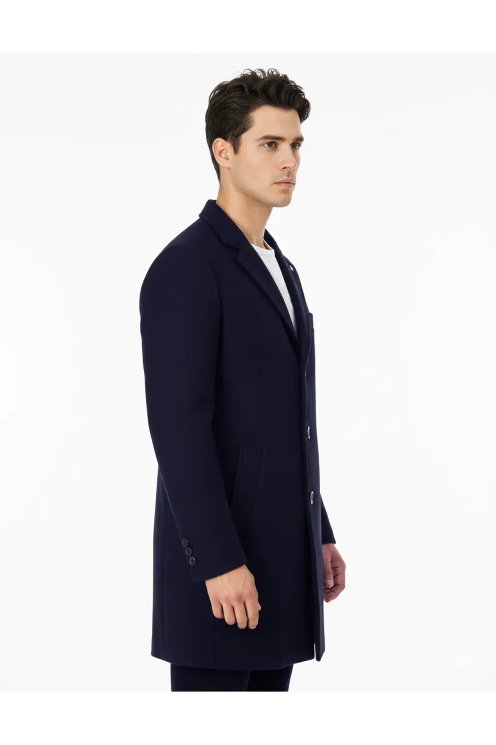 Slim Fit Sivri Yaka Erkek Koyun Yünlü Lacivert Kaban