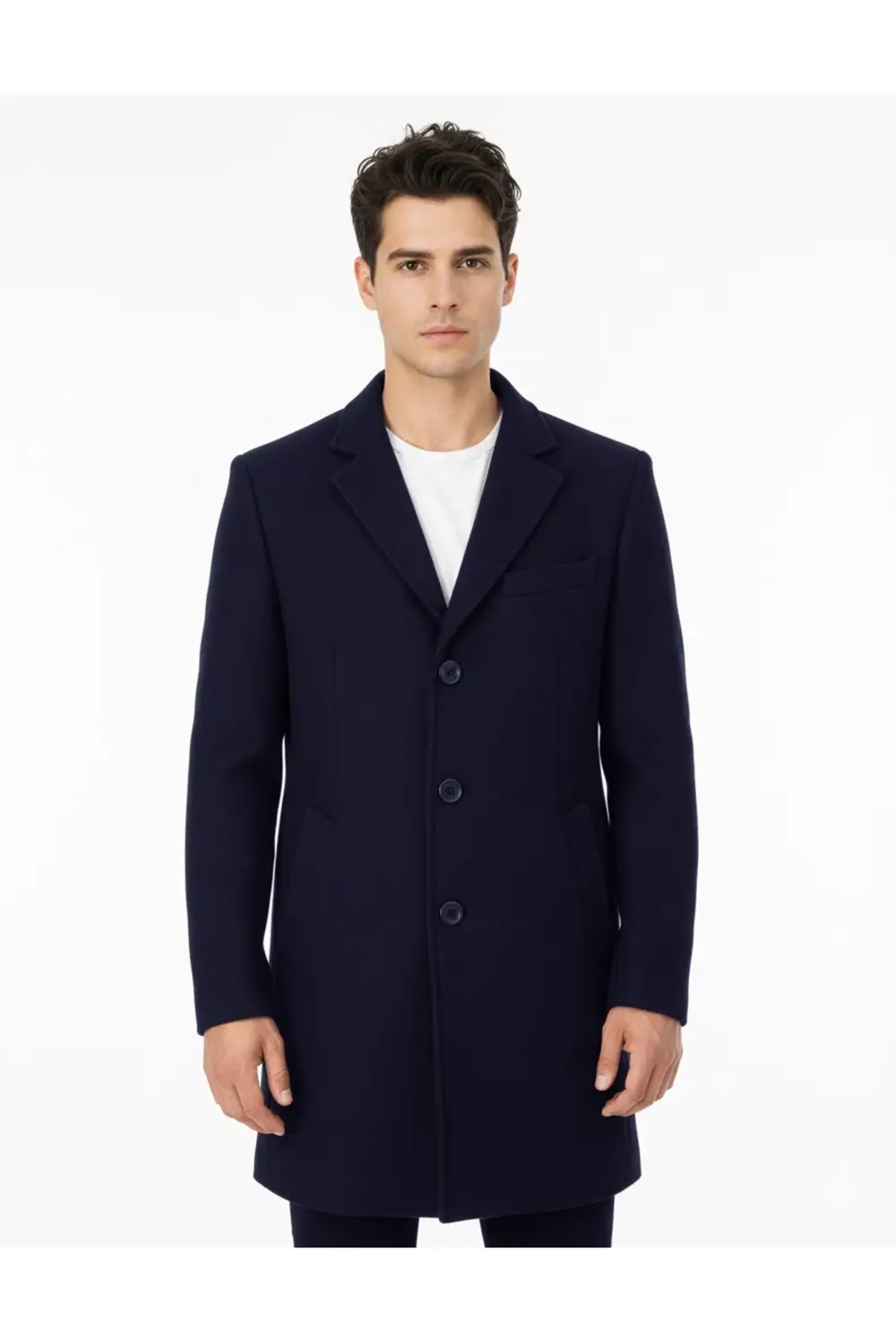 Slim Fit Sivri Yaka Erkek Koyun Yünlü Lacivert Kaban