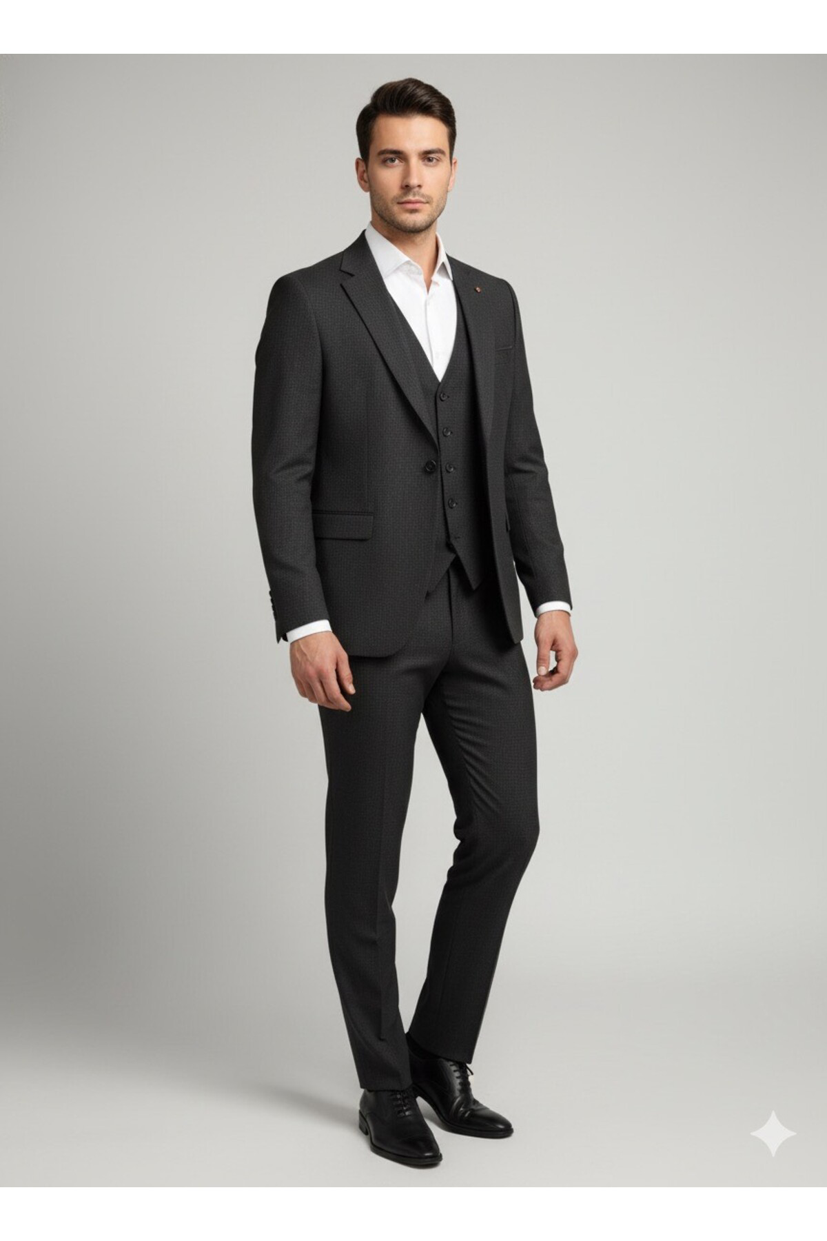 Süvari Slim Fit Yelekli Armür Desenli Siyah Takım Elbise