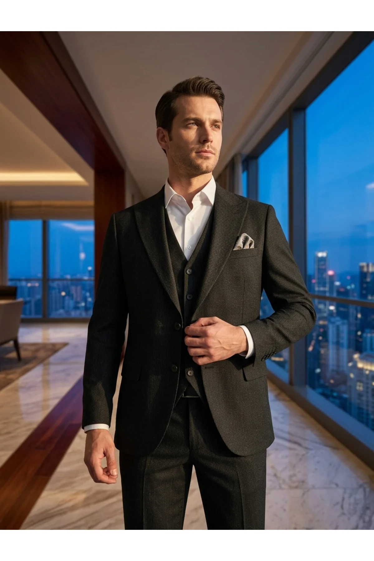 Slim Fit Yelekli Çizgili Siyah Takım Elbise Slim Fit Yelekli Çizgili Siyah Takım Elbise