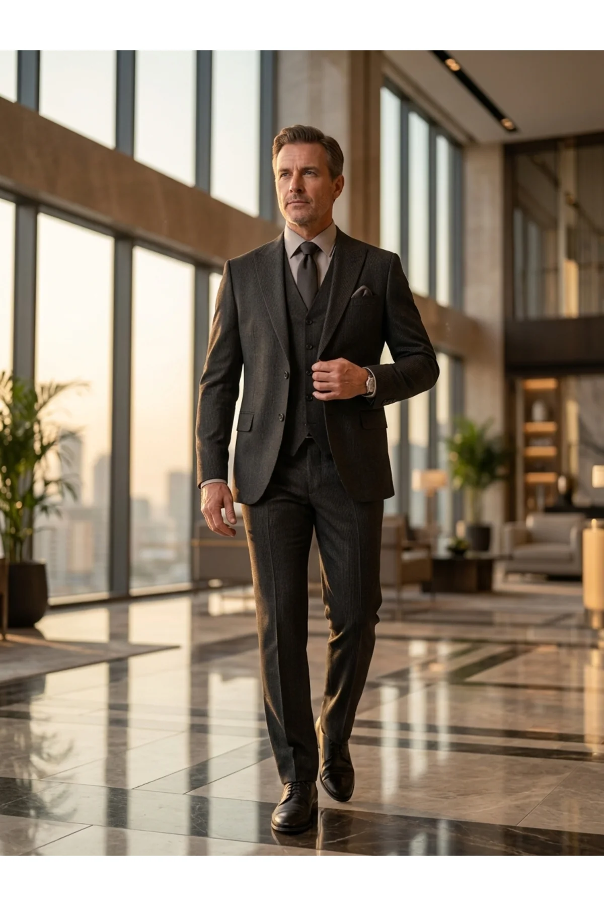 Slim Fit Yelekli Çizgili Siyah Takım Elbise Slim Fit Yelekli Çizgili Siyah Takım Elbise
