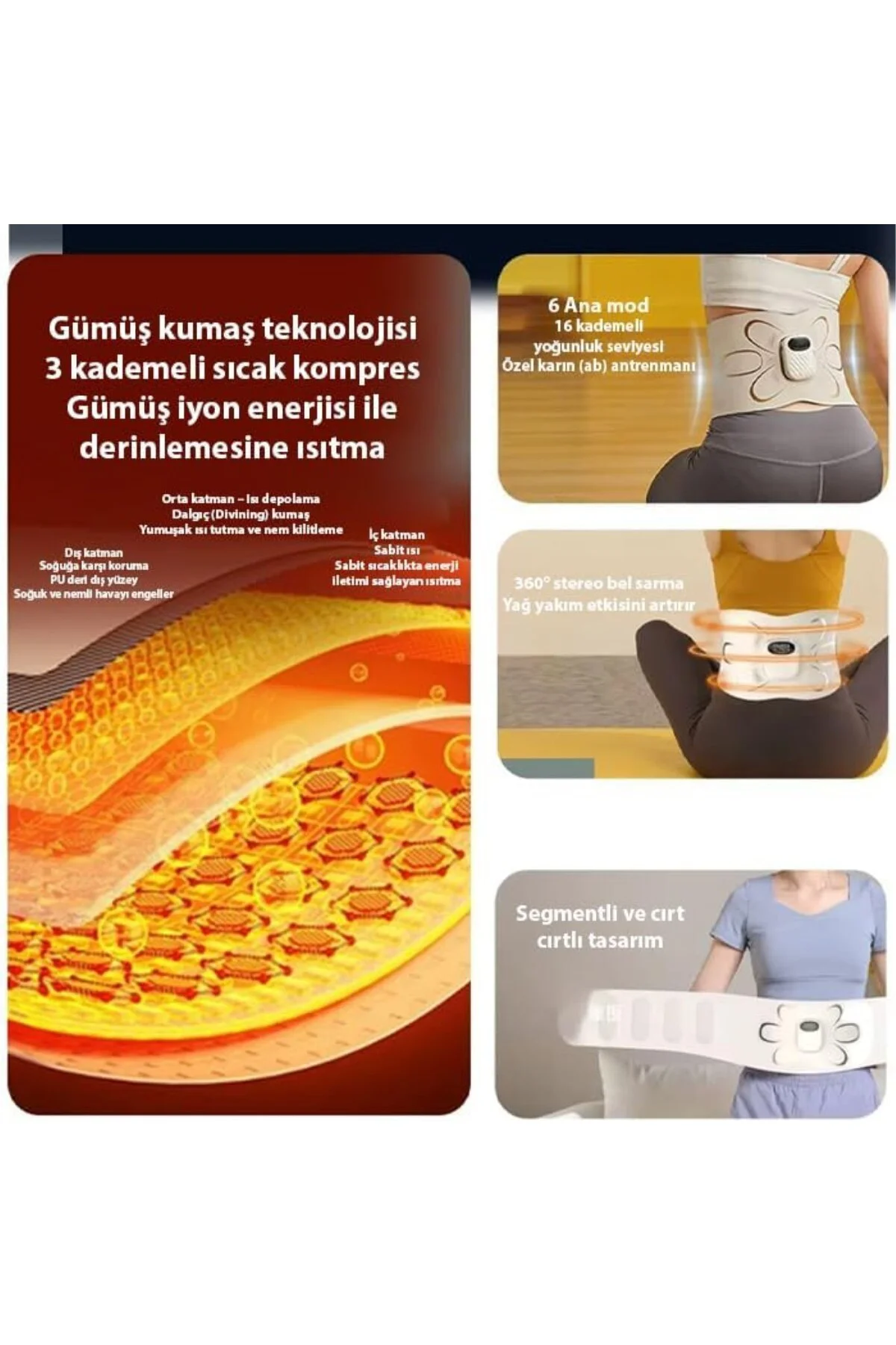 SlimBelt Pro EMS Isıtmalı Bel ve Karın Masaj + Egzersiz Kemeri – Dijital Ekranlı, Şarjlı, 3
