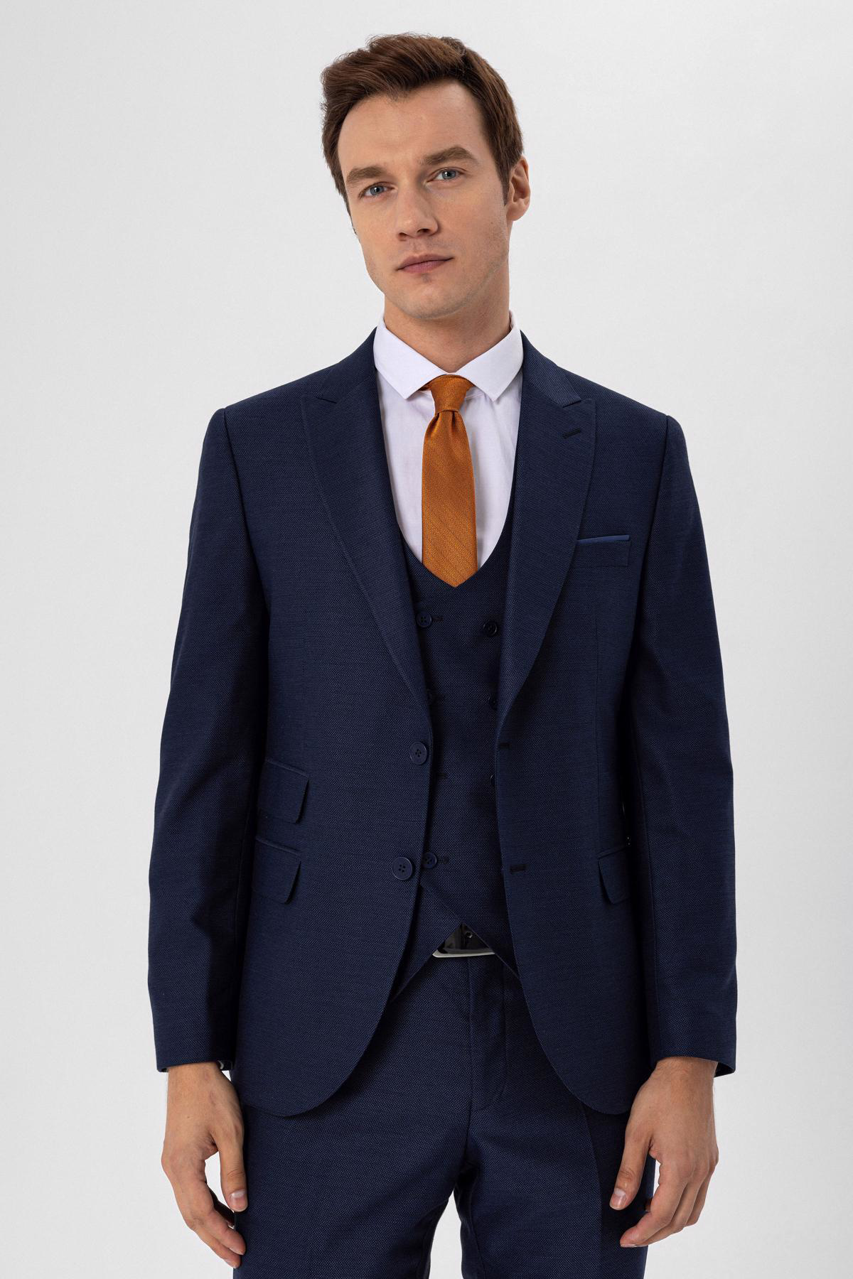 Süvari Slimfit Armürlü Yelekli Takım Elbise