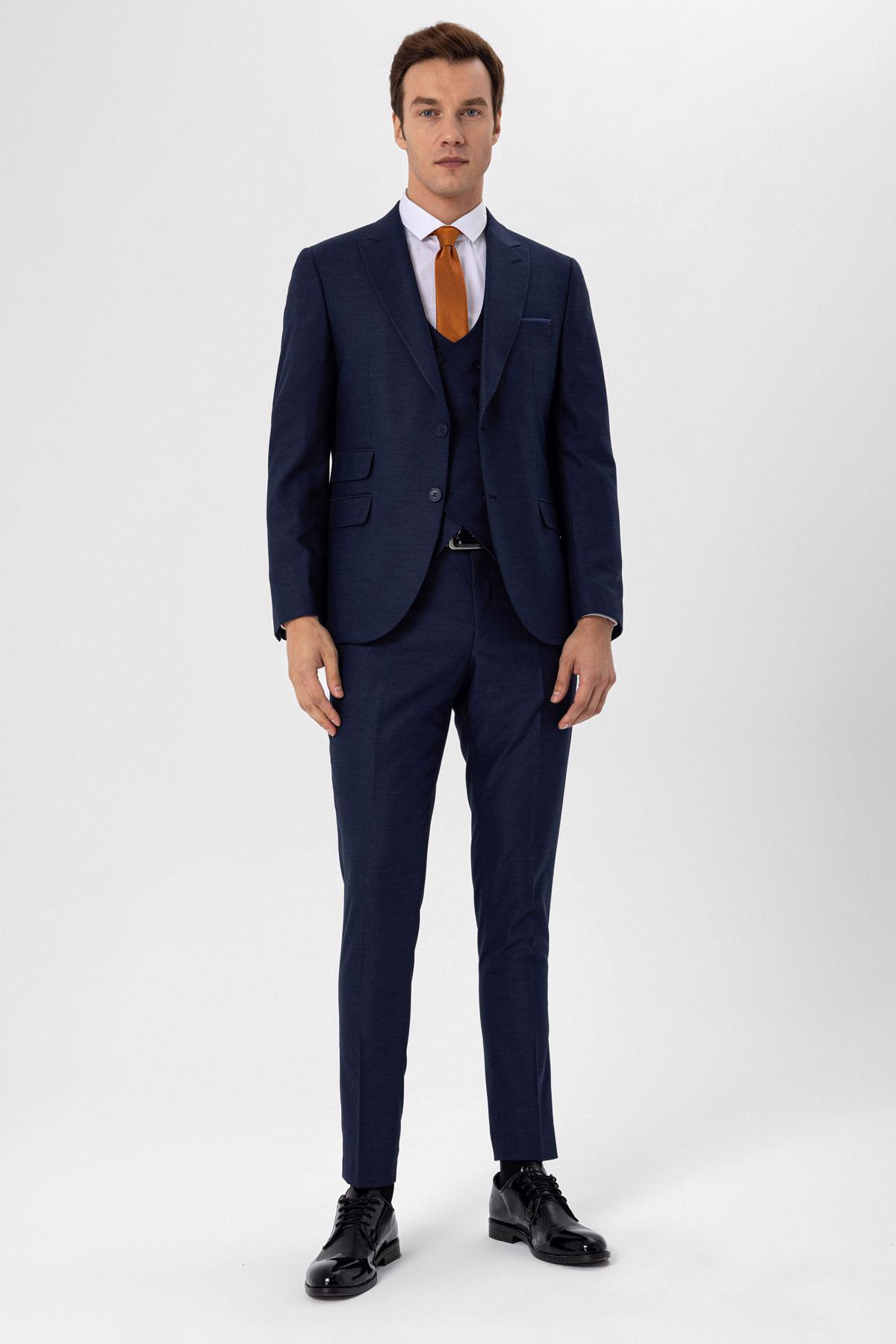 Süvari Slimfit Armürlü Yelekli Takım Elbise