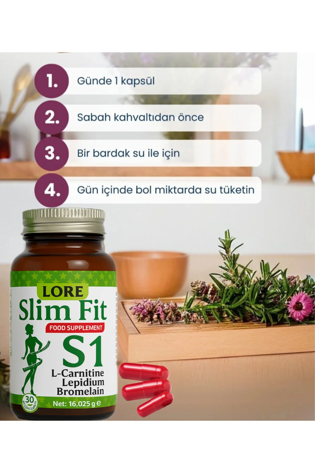 SLİMFİT S1 30KP LCARNİTİN, LEPİDİUM, BROMALAİN İÇEREN BİTKİSEL KAPSÜL