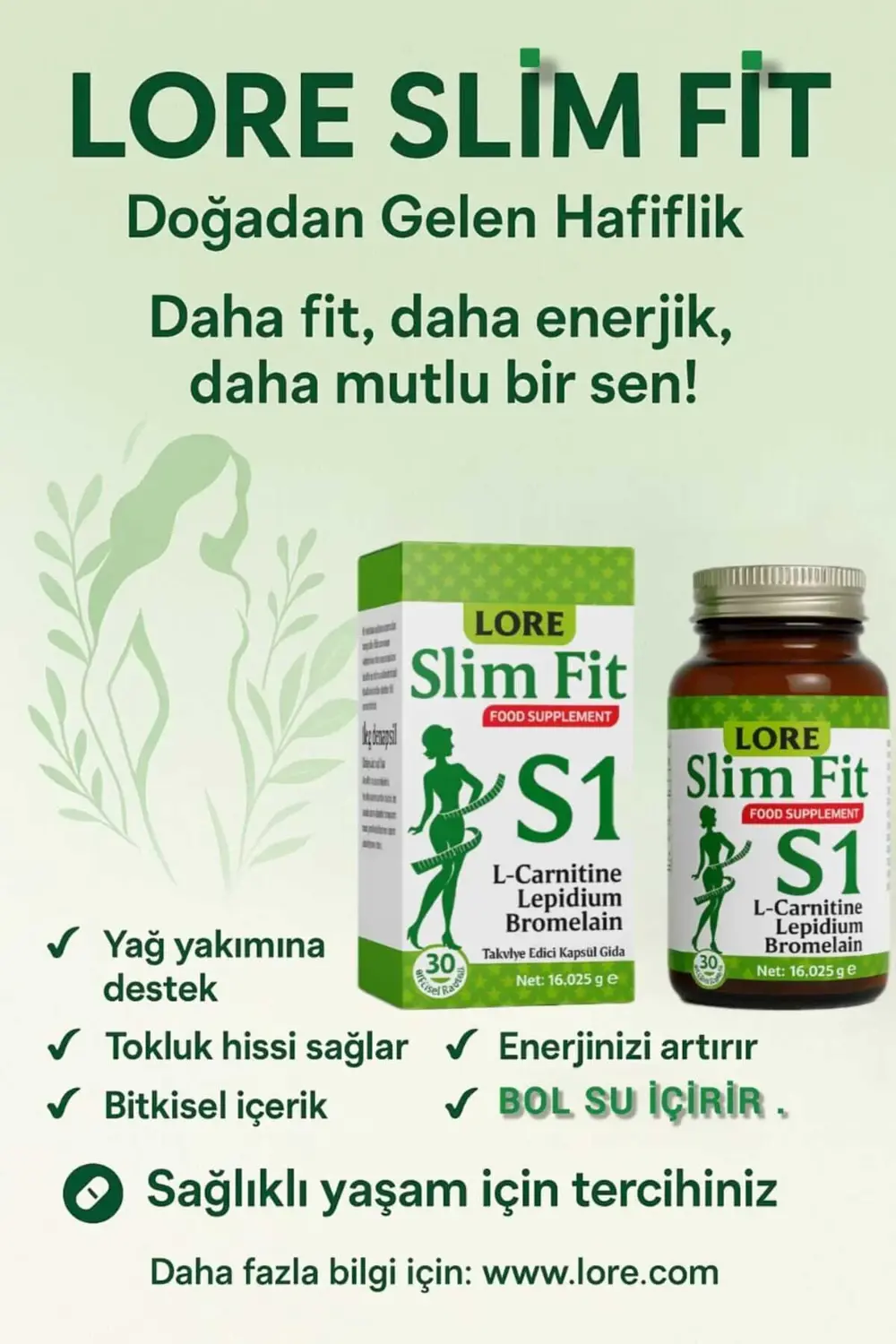 SLİMFİT S1 30KP LCARNİTİN, LEPİDİUM, BROMALAİN İÇEREN BİTKİSEL KA
