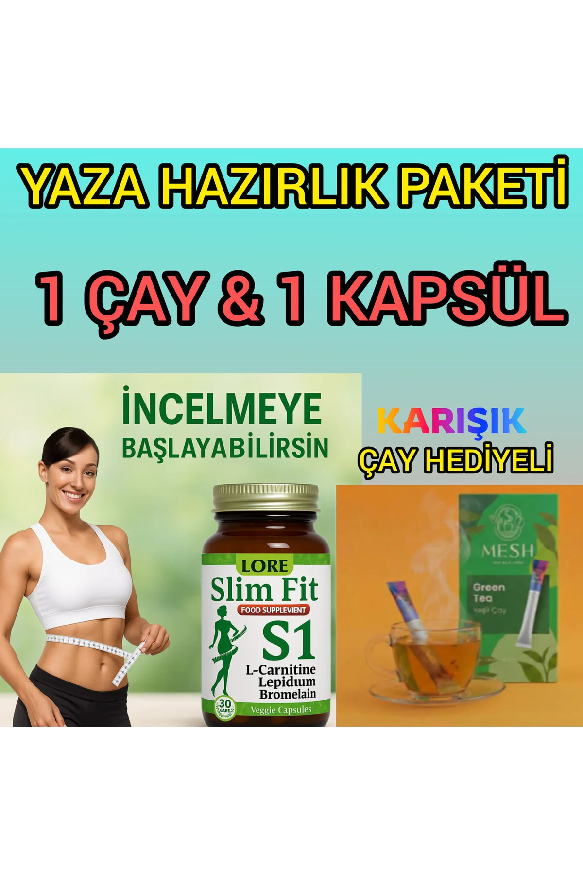 SLİMFİT S1 30KP VE ÇAY HEDİYELİ LCARNİTİN VE LEPİDİUM,BROMALEİN i