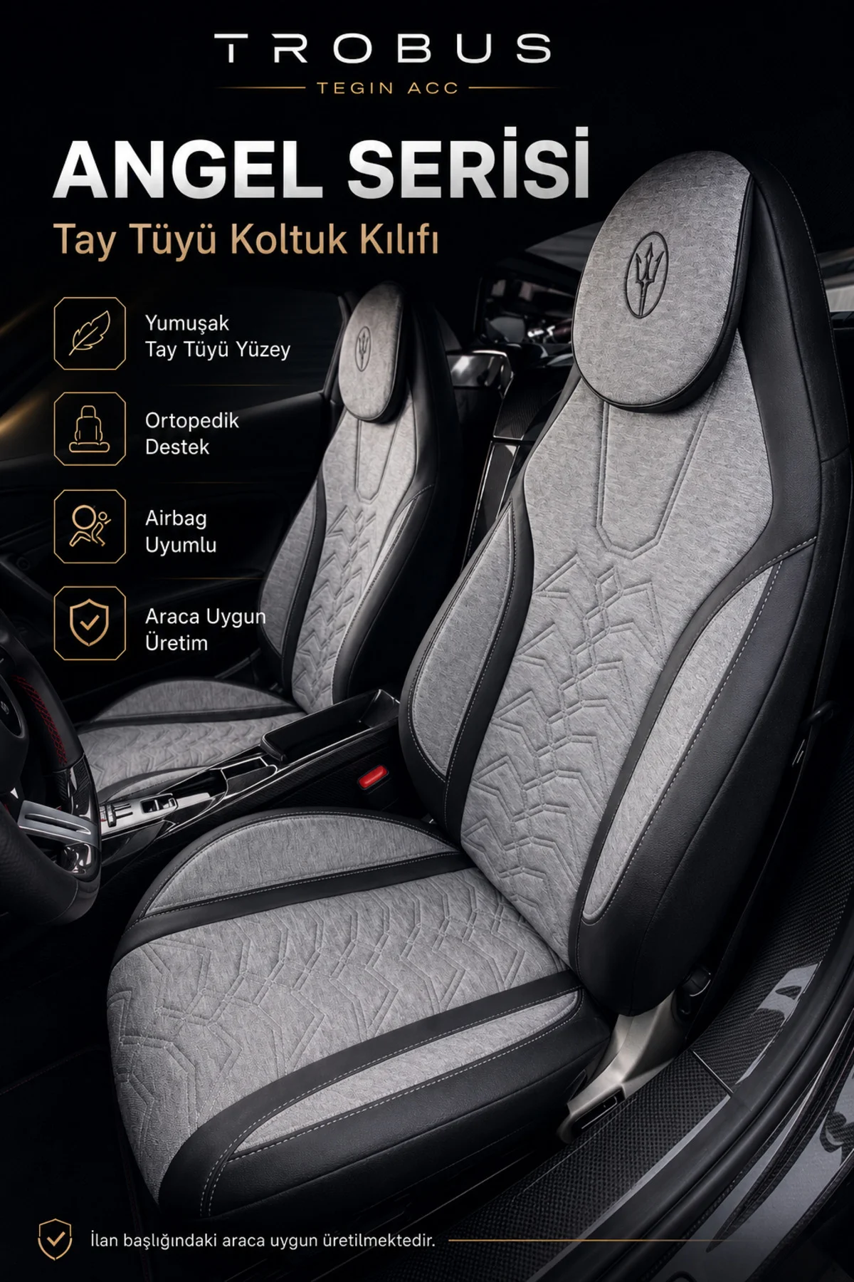 Smart Forfour 2004 ve Sonrası Uyumlu Angel Serisi Tay Tüyü Koltuk Kılıfı Gri Siyah
