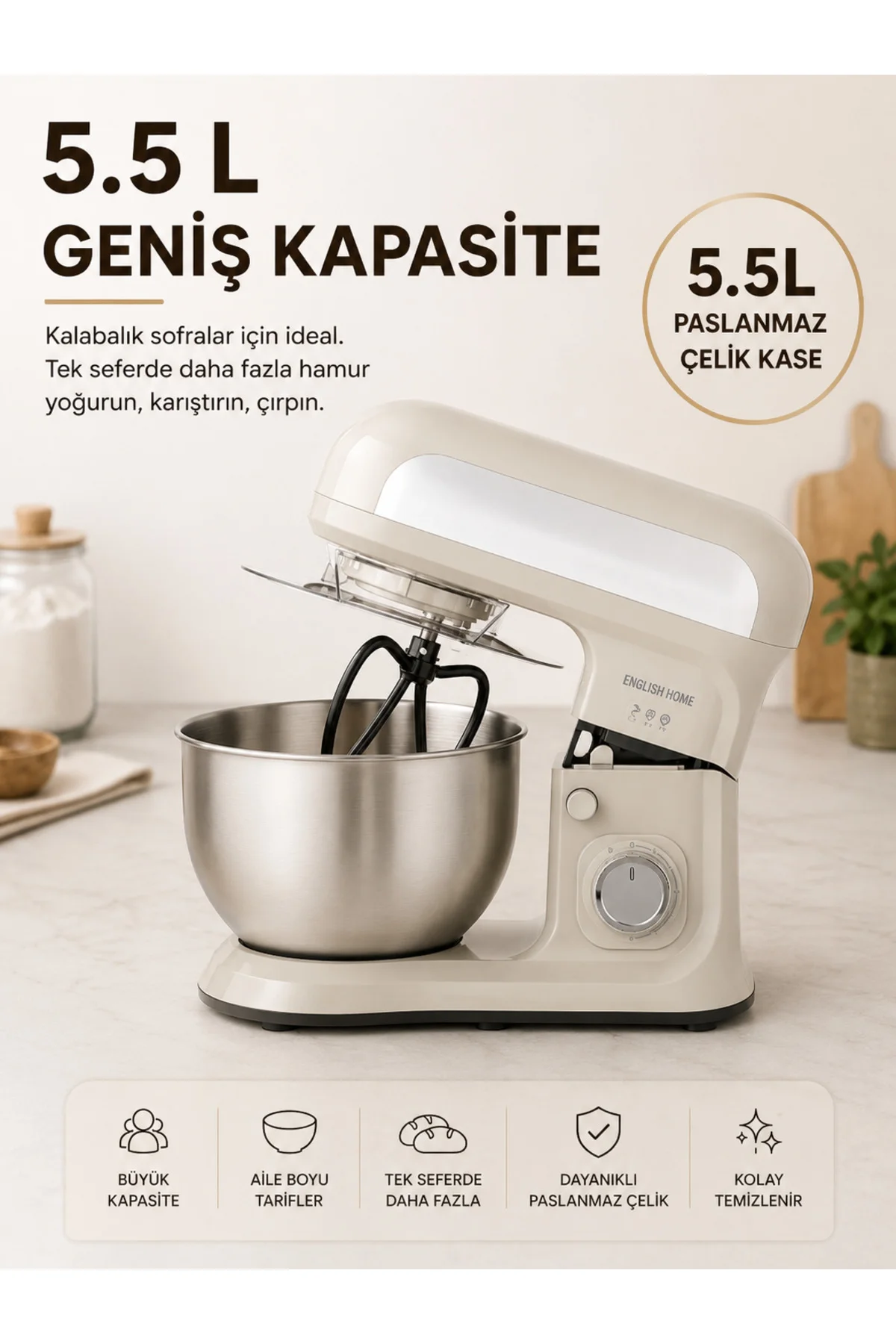 SMR 3001 Hammurix Stand Mikseri Bej – 1500W, 5,5 L, 6 Hızlı Hamur Yoğurma Makinesi SMR 3001 Hammurix Stand Mikseri Bej – 1500W, 5,5 L, 6 Hızlı Hamur Yoğurma Makinesi