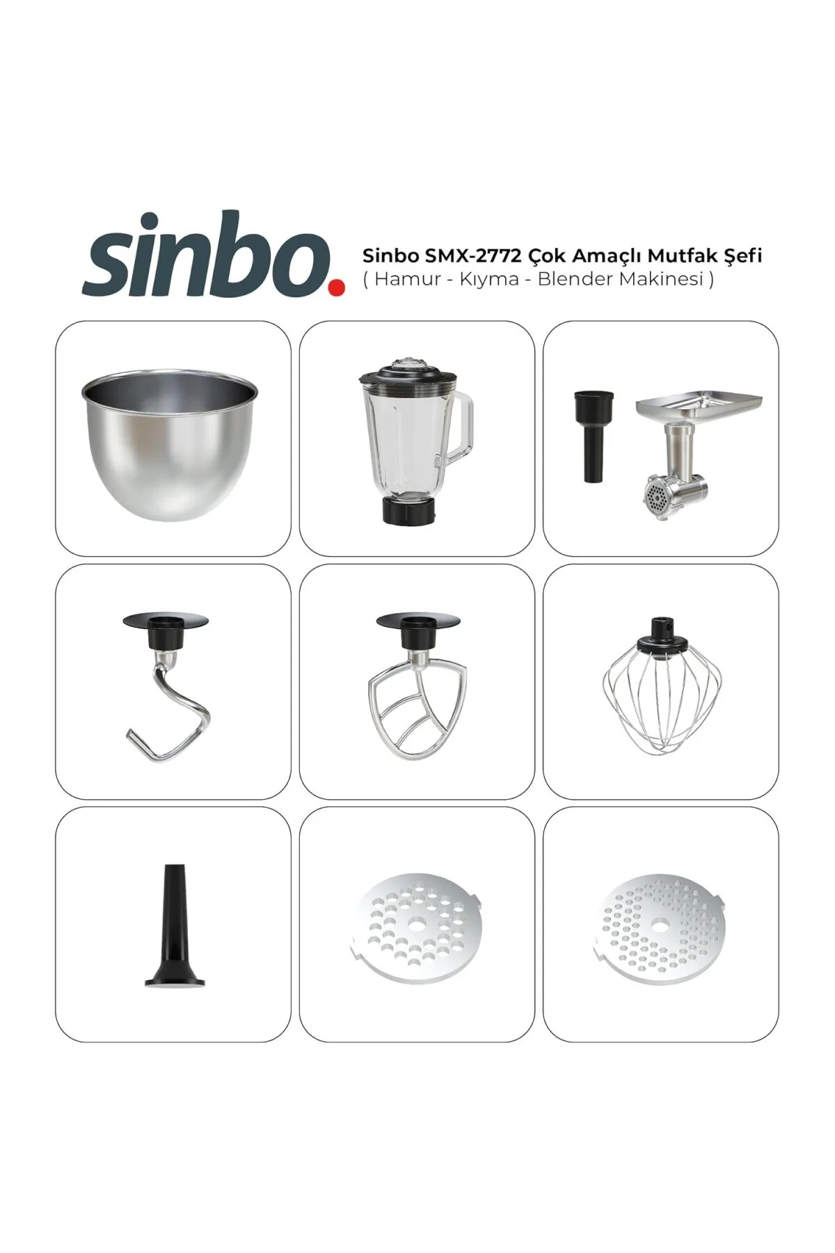 SMX-2772 – 1200W, 5L Çelik Hazneli, Hamur Yoğurma, Kıyma Makinesi