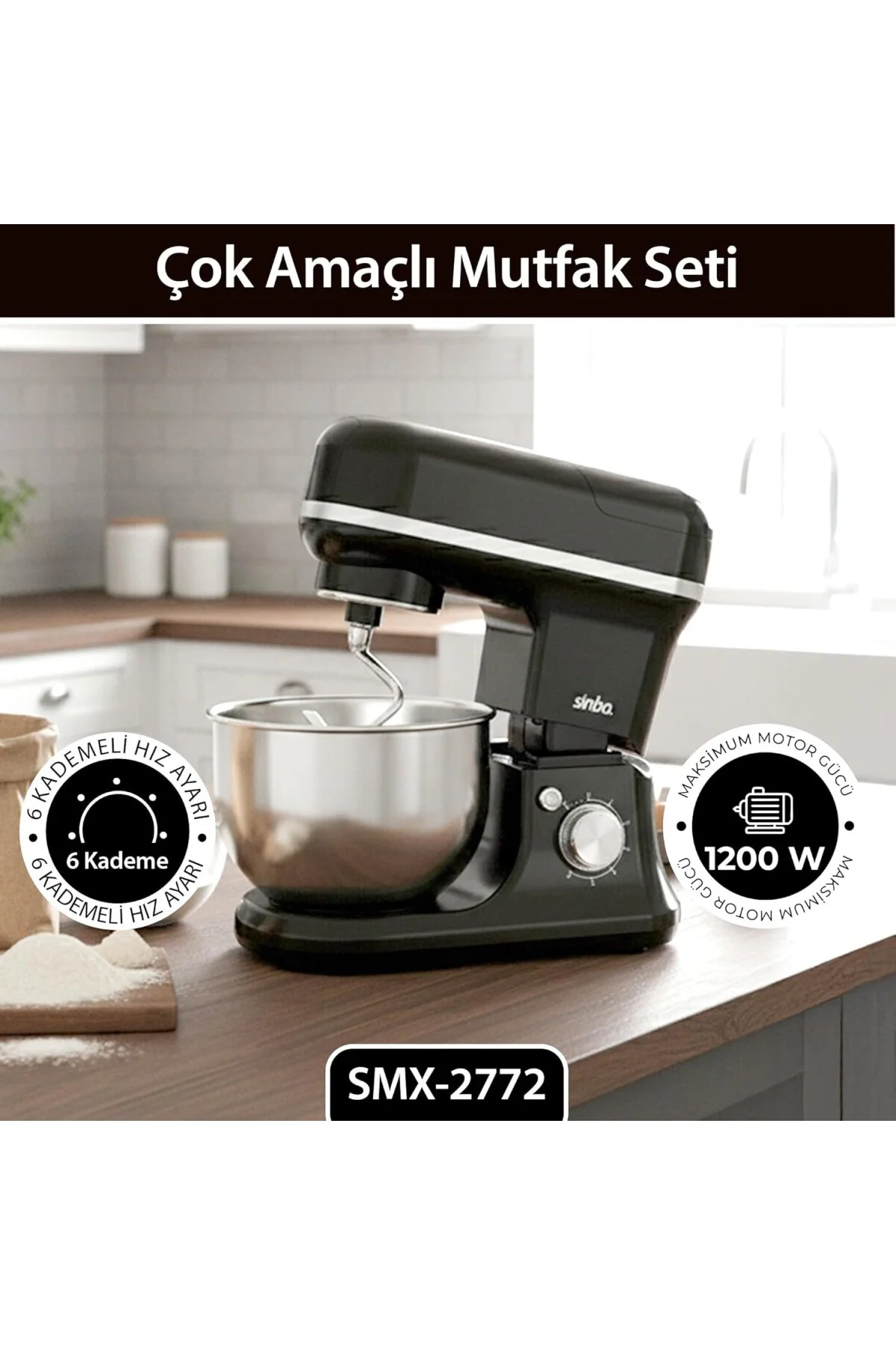 SMX-2772 – 1200W, 5L Çelik Hazneli, Hamur Yoğurma, Kıyma Makinesi