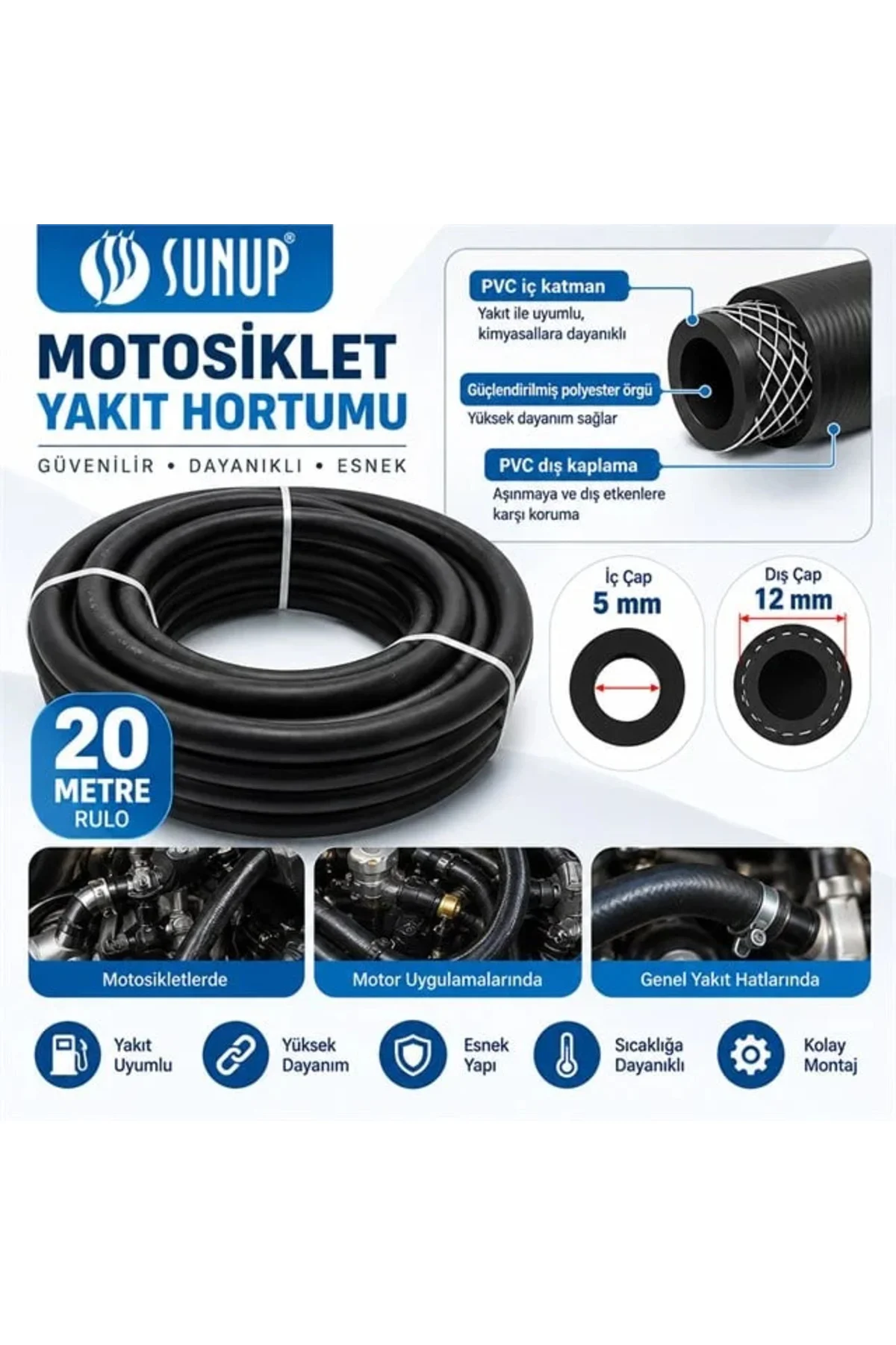 SN-38807 20 Metre 12mm Motosiklet Araç Yakıt Hortumu Rulo Esnek Güçlendirilş