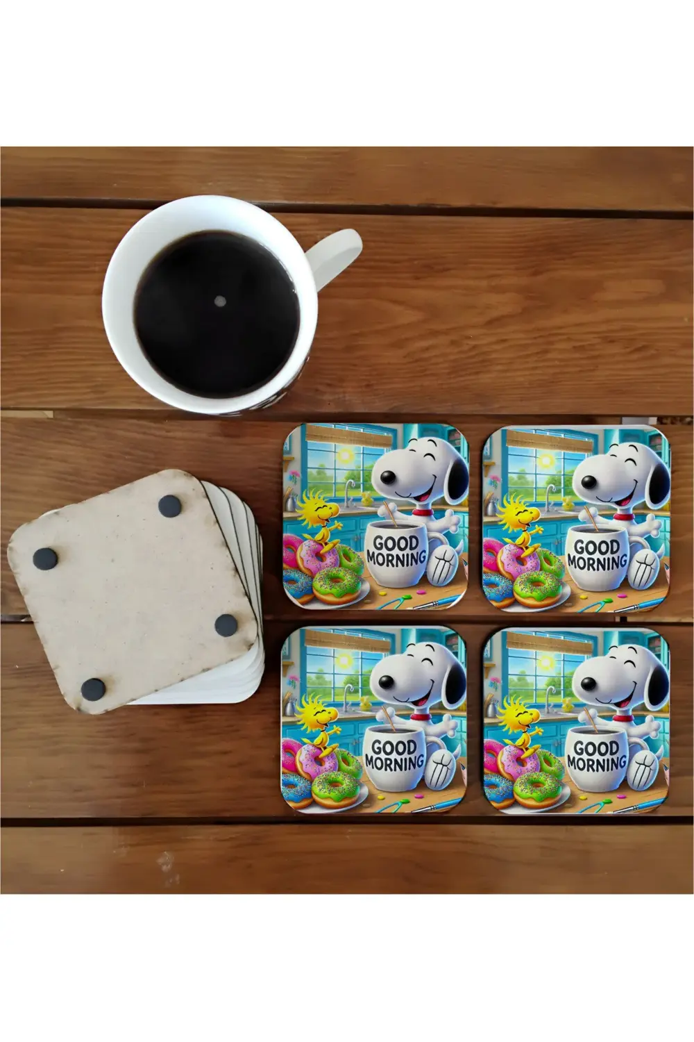 Snoopy günaydın kahvesi çizgi karakter ahşap bardak altlığı