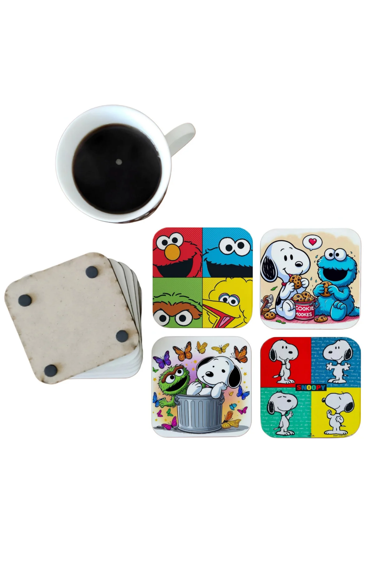 Snoopy ve Susam Sokağı Dekoratif Ahşap Bardak Altlığı Seti 082