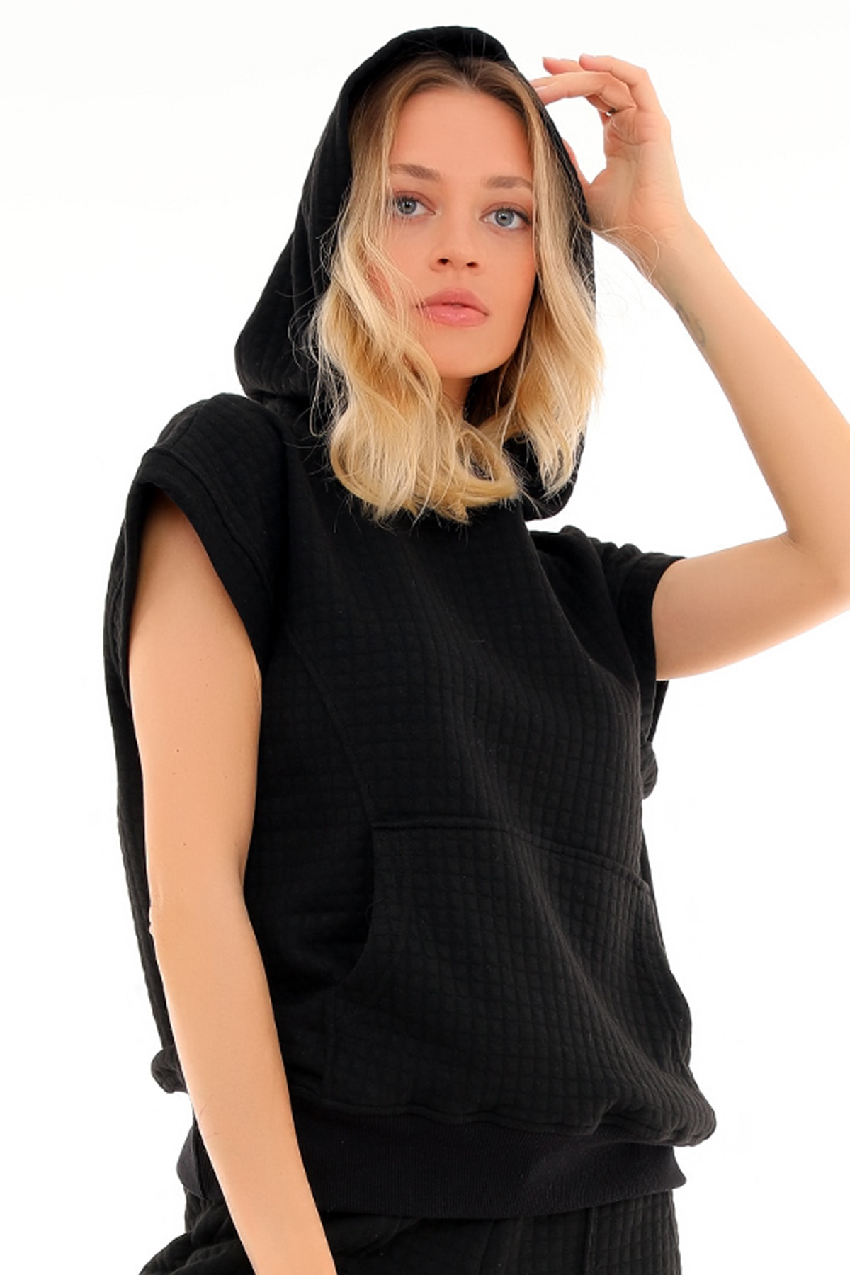 Dreamlike Soft Kapitone Rahat Kısa Kol Cepli Kapüşonlu Sweatshirt