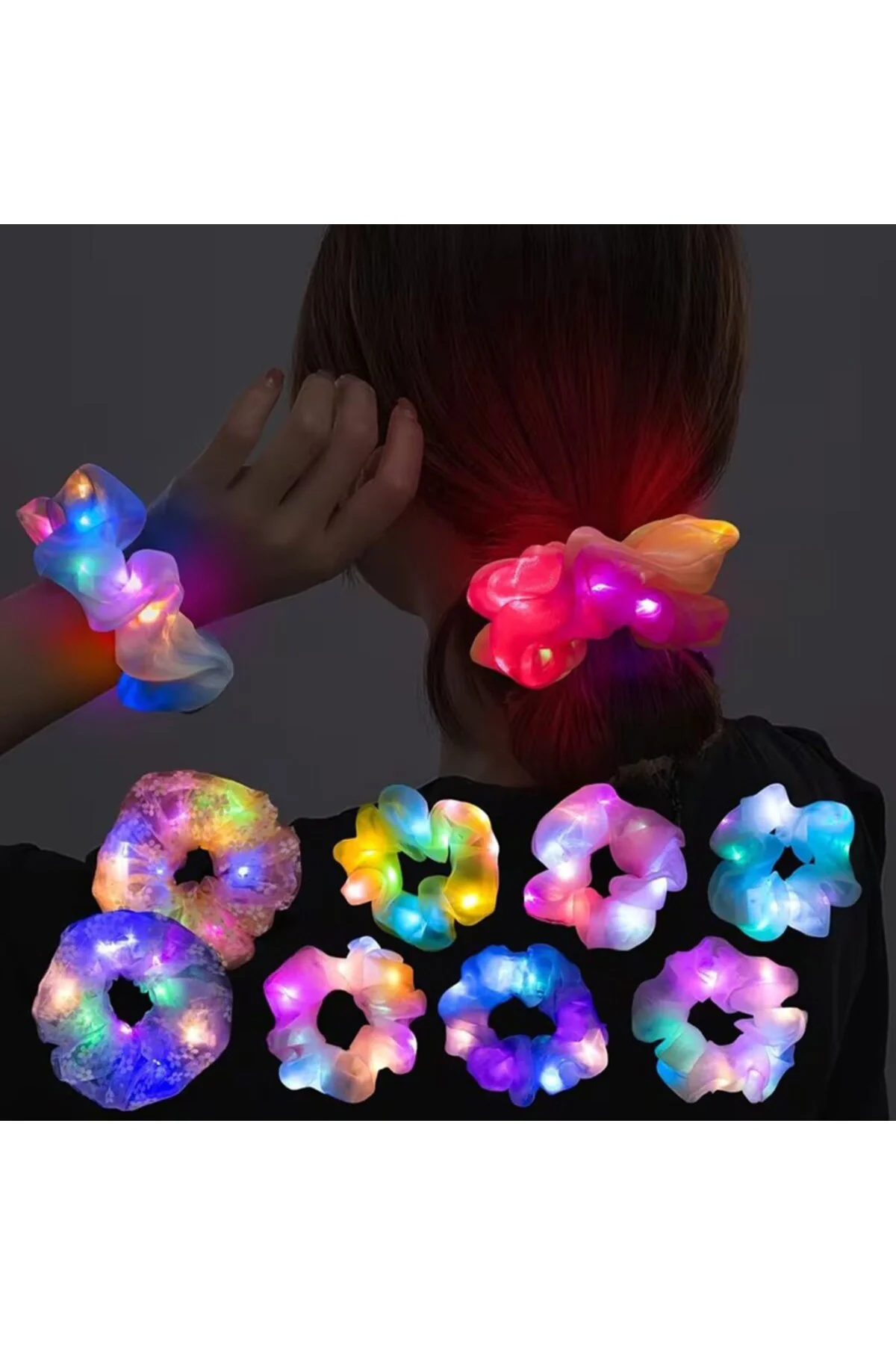 Soft Mavi Renk Led Işıklı Lastikli Saç Tokası - 3 Modlu Festival 