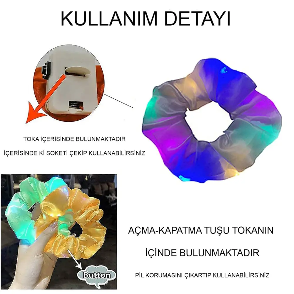 Soft Mavi Renk Led Işıklı Lastikli Saç Tokası - 3 Modlu Festival 
