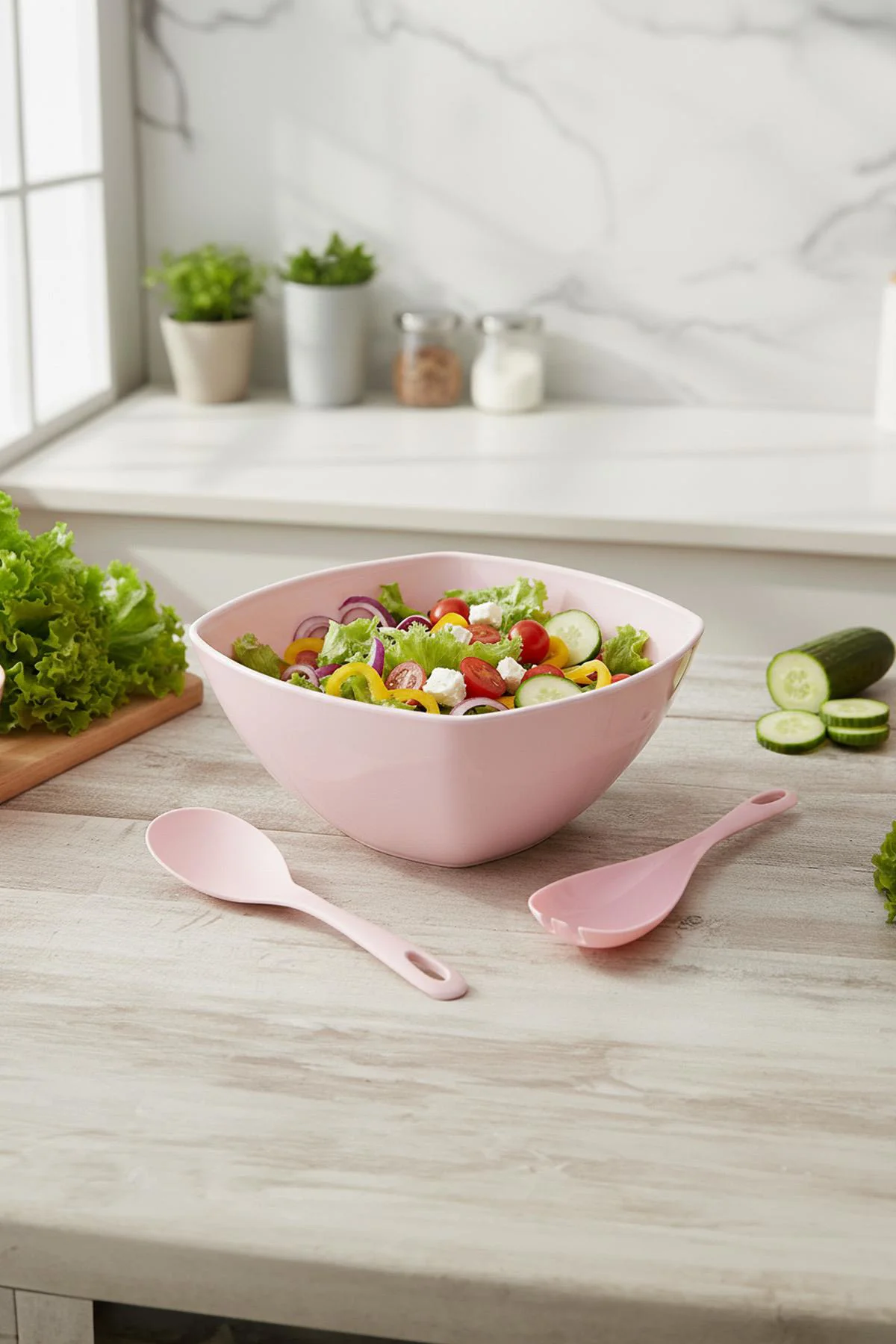 Soft Pembe Akrilik Kare Salata Kasesi Seti – 3,5 Lt 3 Parça Servis Kasesi