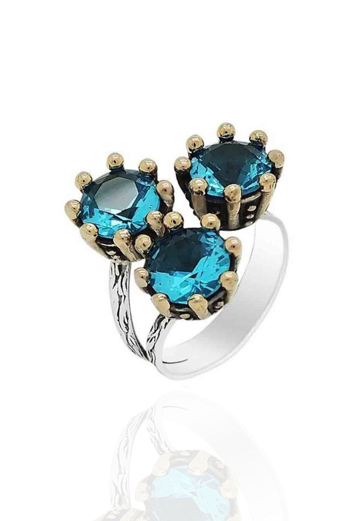 Söğütlü Serisi Gümüş Bayan Yüzük Akuamarin Taşlı Otantik