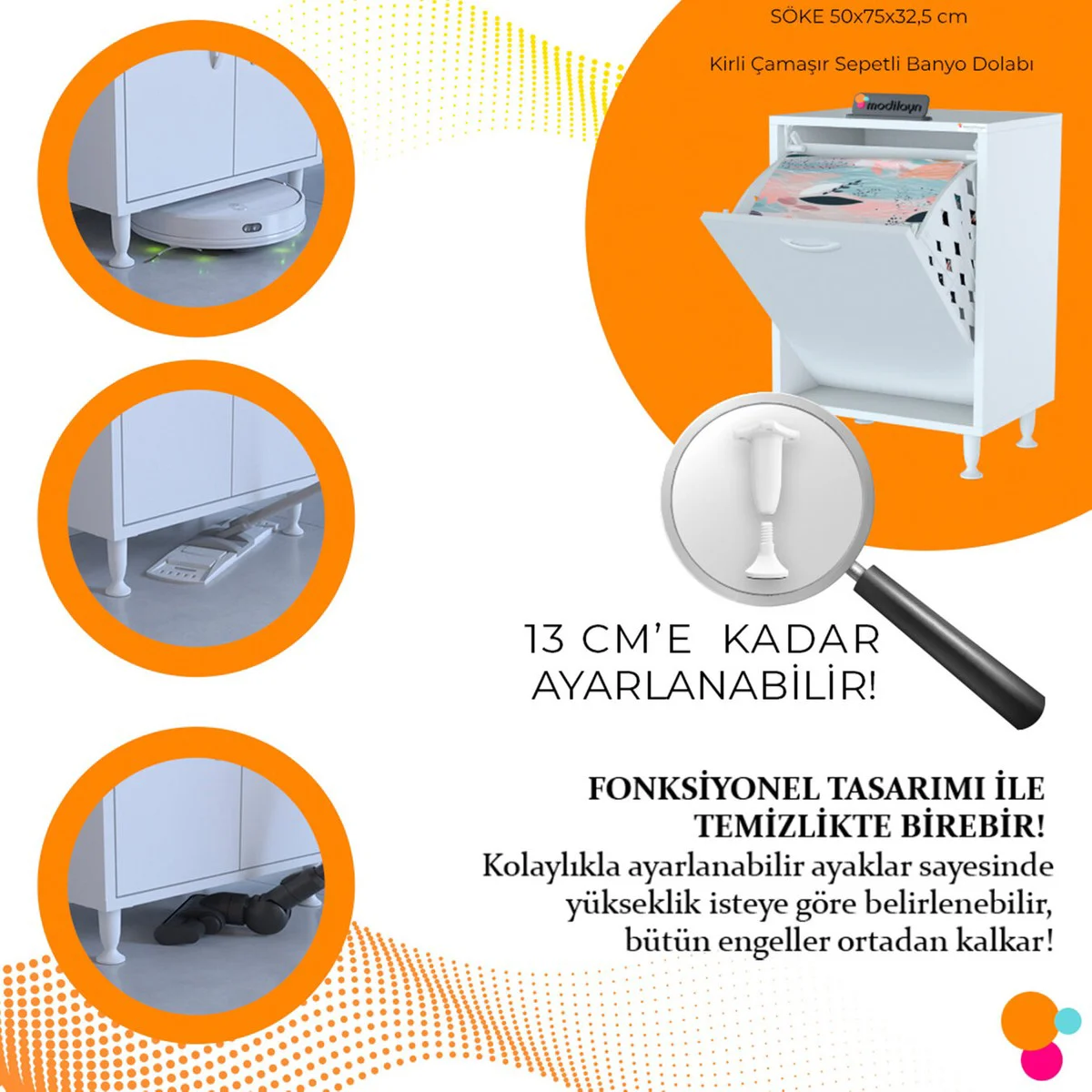 Söke 50 x 75 x 32,5 cm Kirli Çamaşır Sepetli Dolap Çok Amaçlı Dol