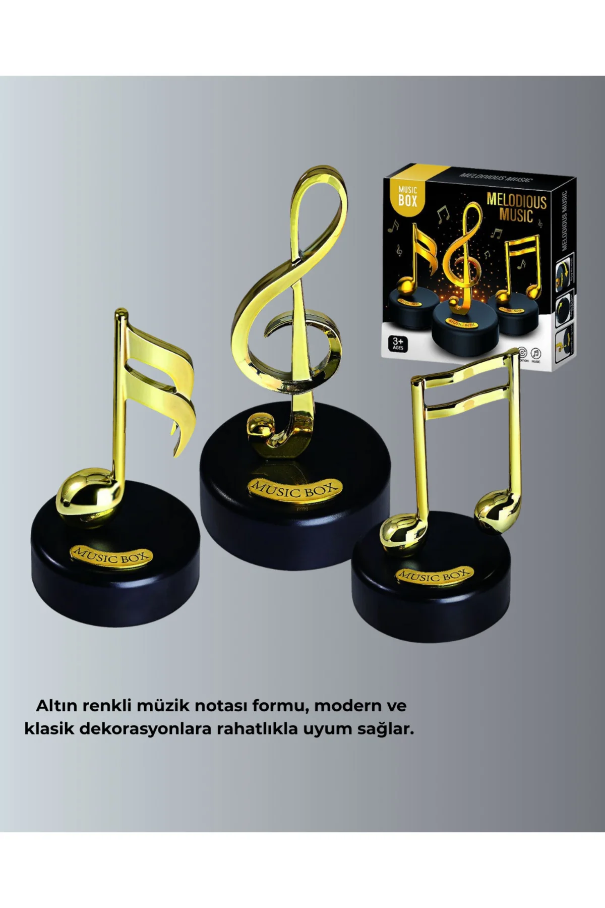 Sol Anahtarı Figürlü Dönen Müzik Kutusu Altın Renk Dekoratif