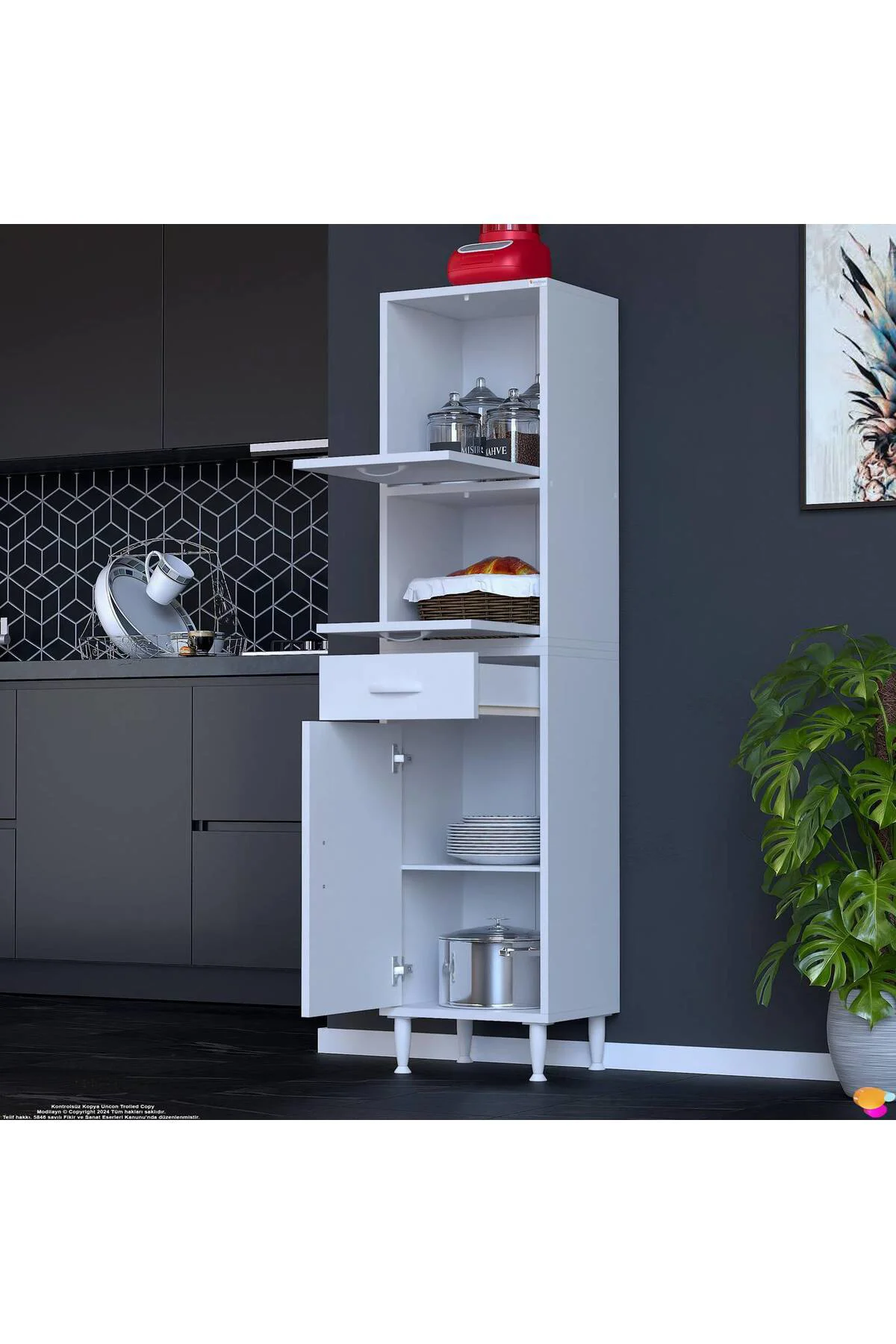 Solaira 35 cm Genişlik Kapaklı Mutfak Dolabı 3 Kapaklı, Çekmeceli
