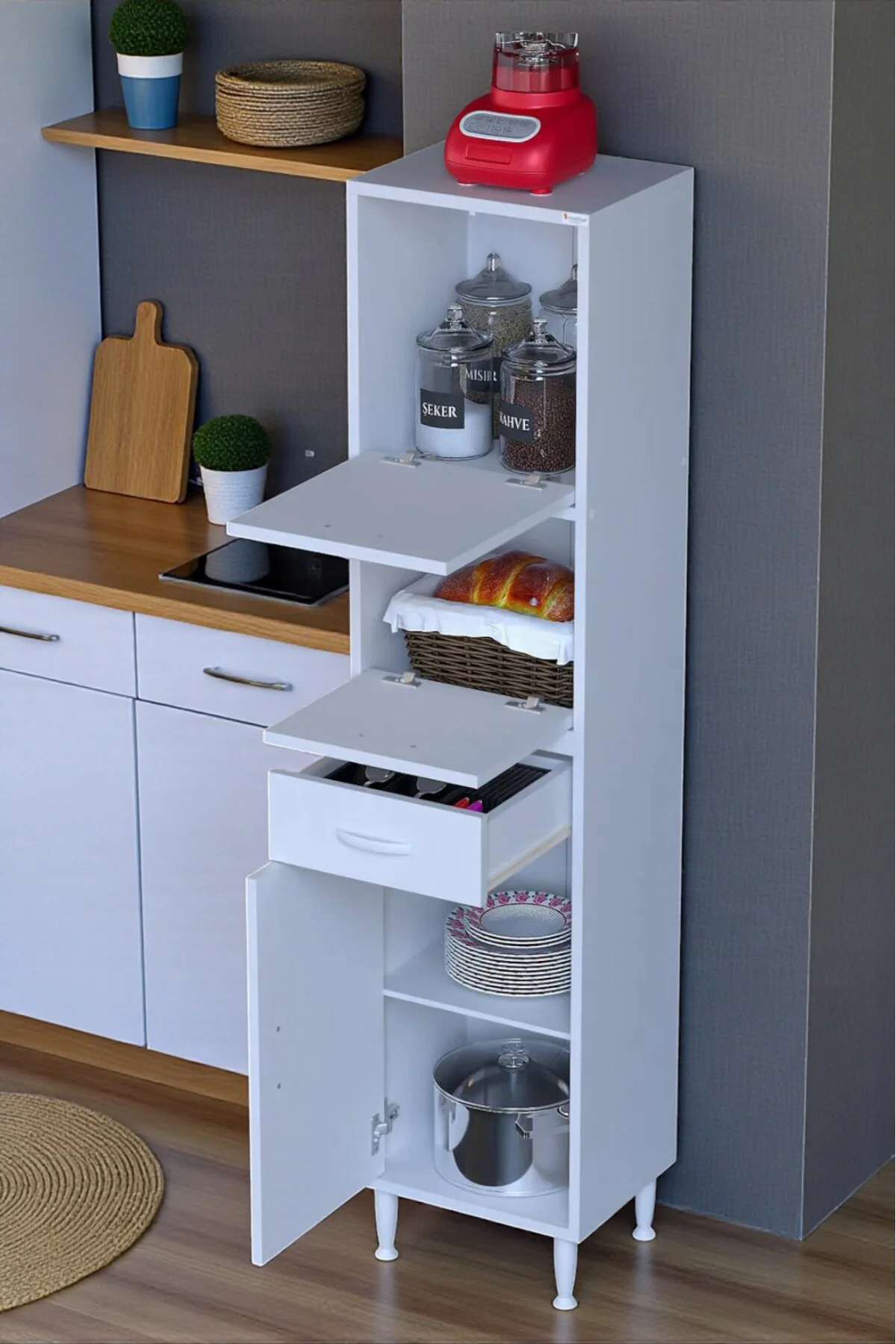 Solaira 45 cm Genişlik Kapaklı Mutfak Dolabı 3 Kapaklı, Çekmeceli