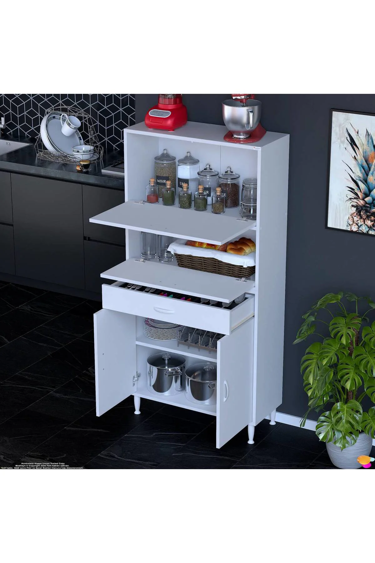 Solaira 80 cm Genişlik Kapaklı Mutfak Dolabı 4 Kapaklı, Çekmeceli