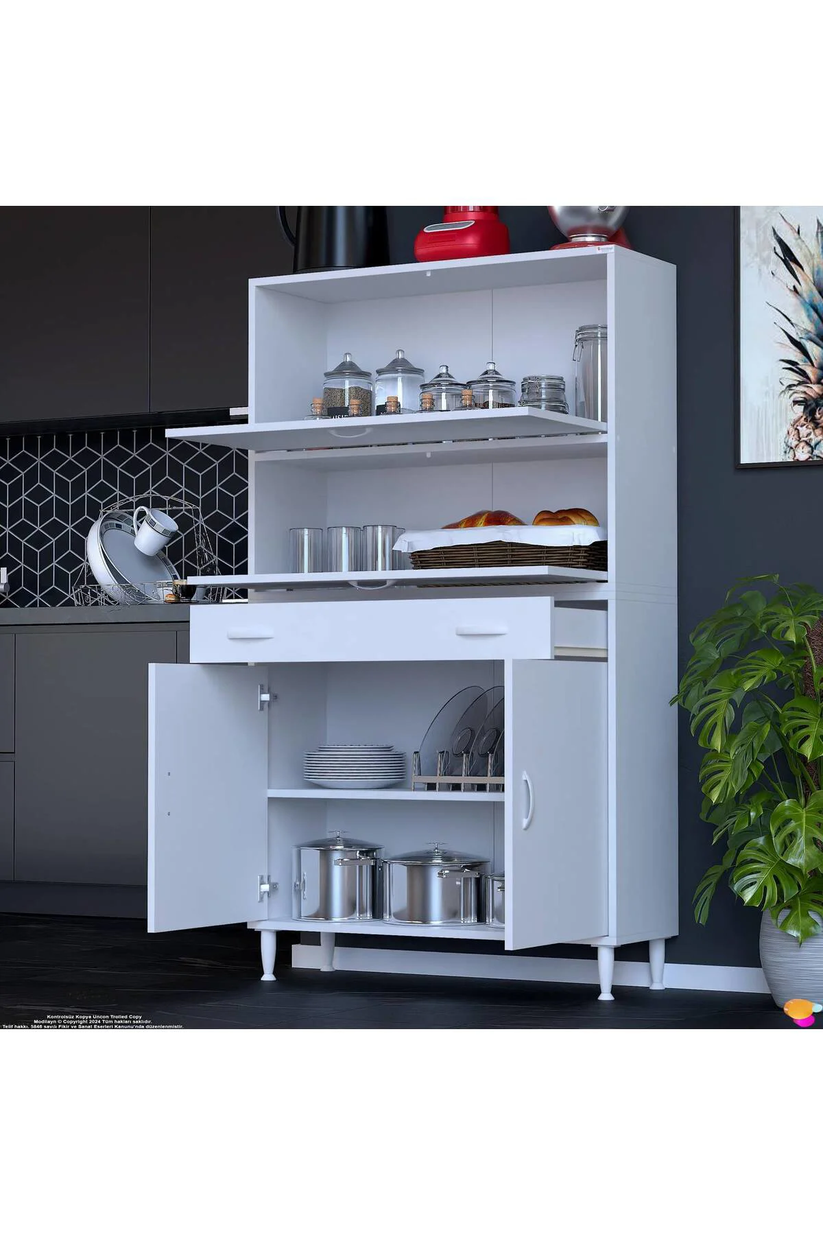 Solaira 90 cm Genişlik Kapaklı Mutfak Dolabı 4 Kapaklı, Çekmeceli