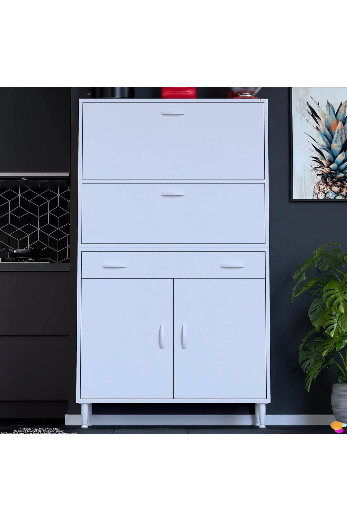 Solaira 90 cm Genişlik Kapaklı Mutfak Dolabı 4 Kapaklı, Çekmeceli