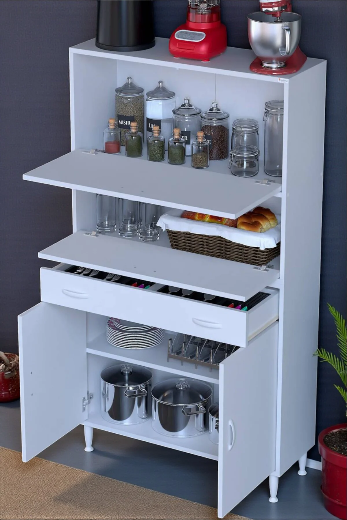 Solaira 90 cm Genişlik Kapaklı Mutfak Dolabı 4 Kapaklı, Çekmeceli