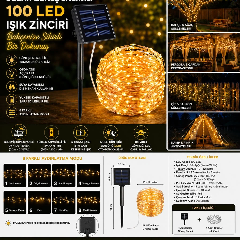 Solar 100 LED Gün Işığı Peri Led Işık Zinciri Bahçe ve Balkon Ayd