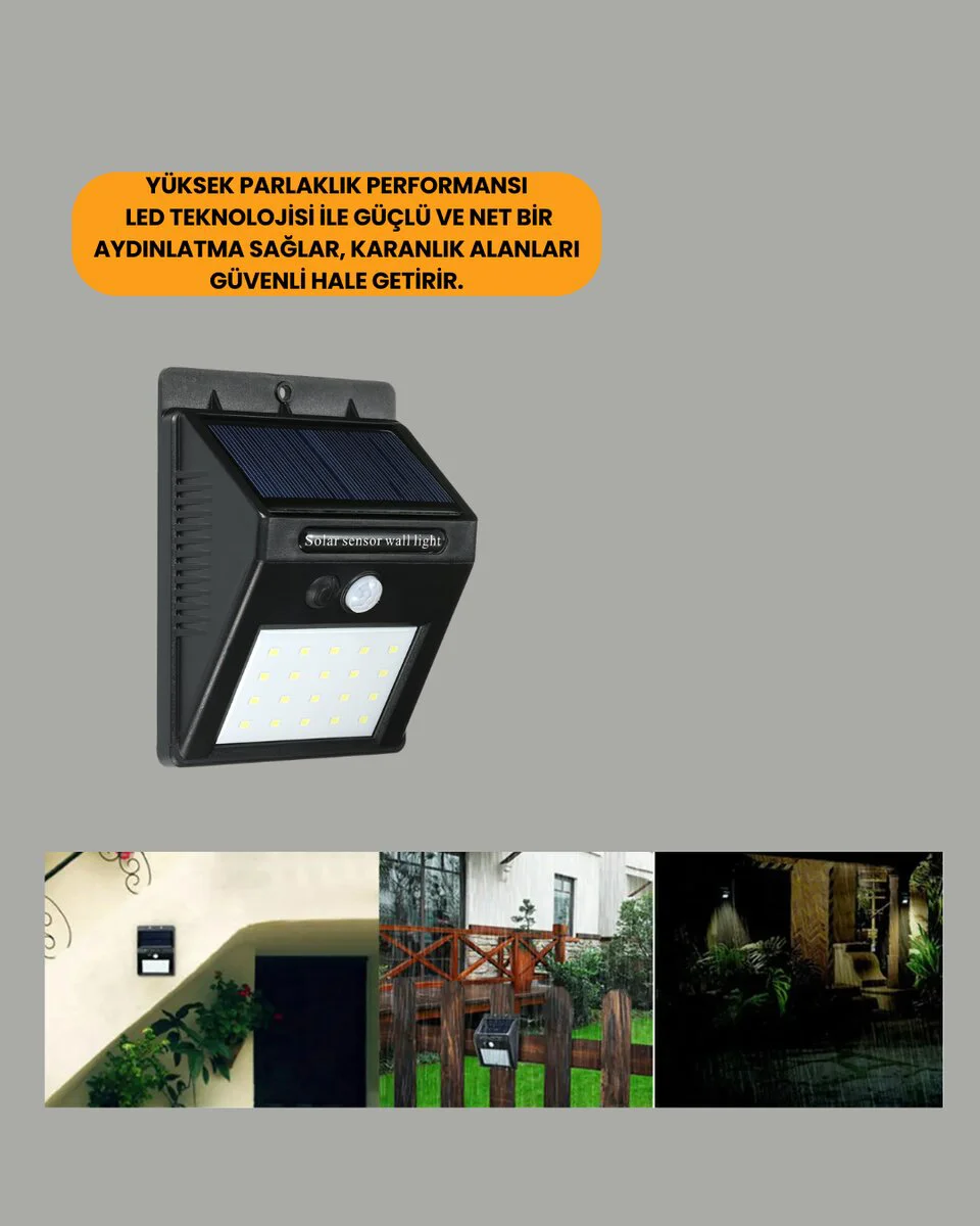 Solar Aydınlatma - Su Geçirmez IP65 Hareket Sensörlü 20 LED Bahçe Lambası