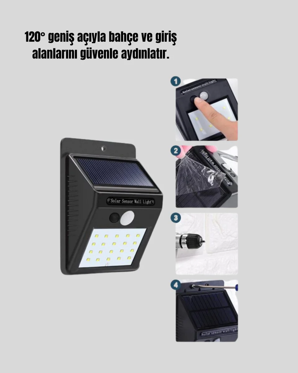 Solar Enerjili 20 LED Hareket Sensörlü Duvar Lambası