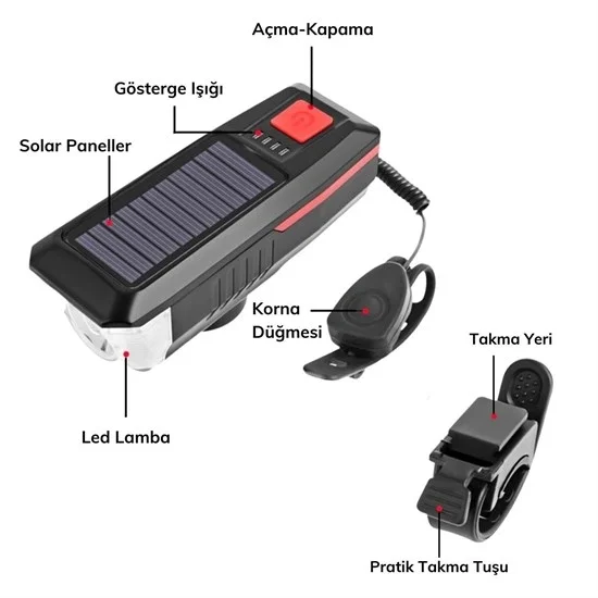Solar Enerjili Usb İle Şarj Edilebilir Ledli Bisiklet Feneri Kornalı Ve Su Geçirmez Far Bx40 Fiyatı, Yorumları ve Özellikleri