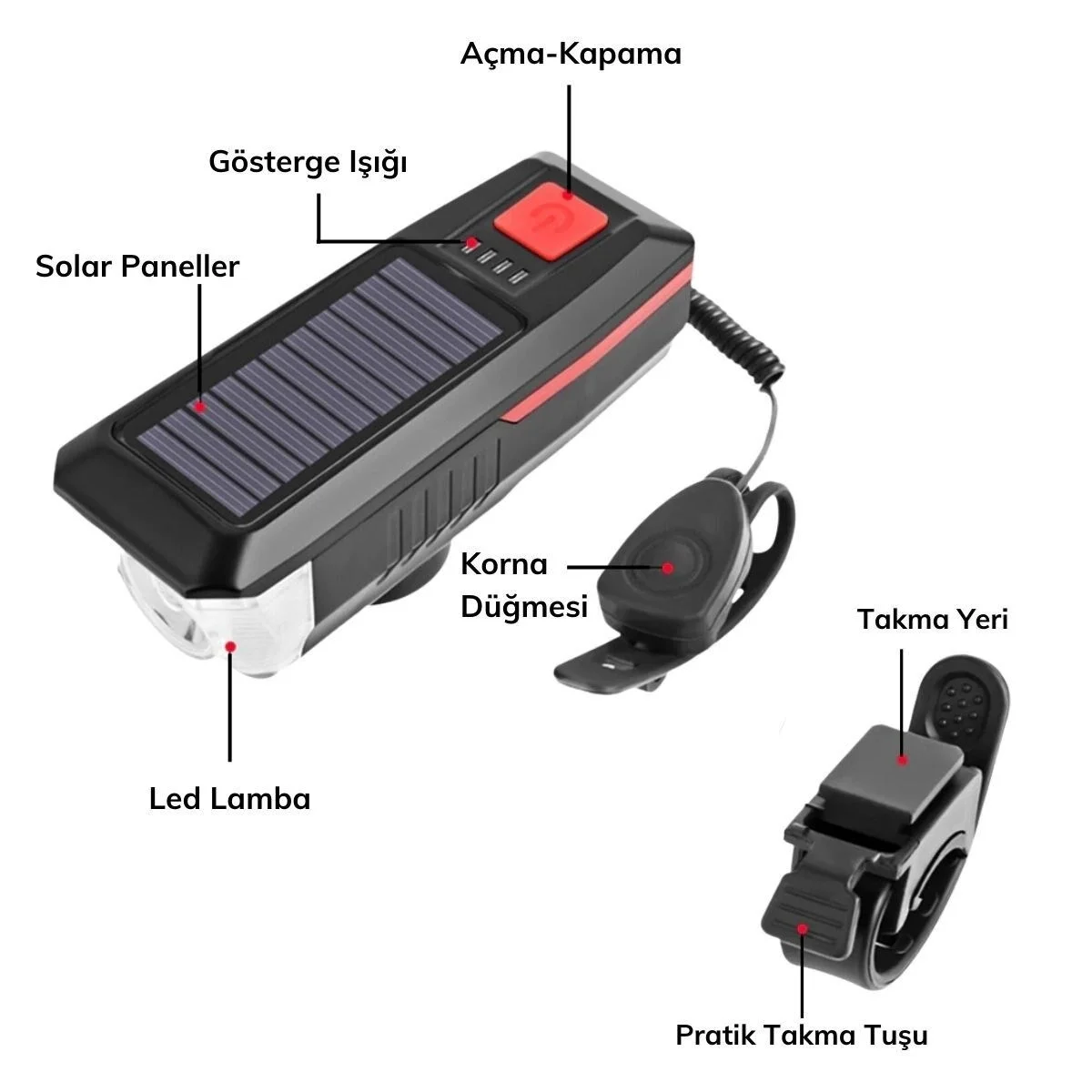 Solar Enerjili USB ile Şarj Edilebilir Ledli Bisiklet Feneri Kornalı ve Su Geçirmez Far Solar Enerjili USB ile Şarj Edilebilir Ledli Bisiklet Feneri Kornalı ve Su Geçirmez Far