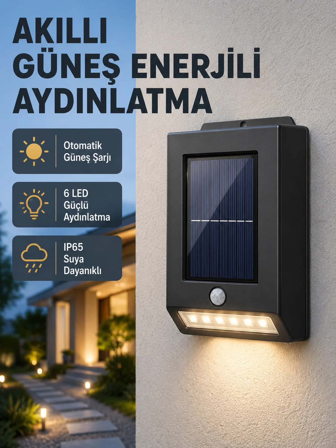 Solar Güçlü 6 LED Dış Mekan Lambası – Otomatik Aç/Kapa Işık Sensörlü Aydınlatma