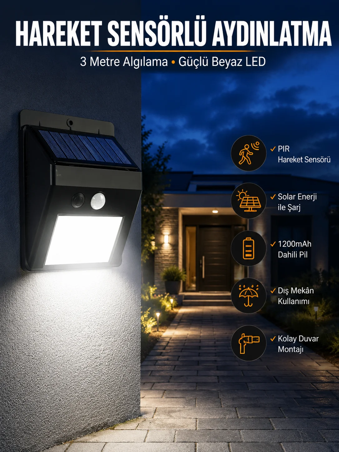 Solar Güneş Enerji Panelli Sensörlü Lamba Enerji Tasarruflu