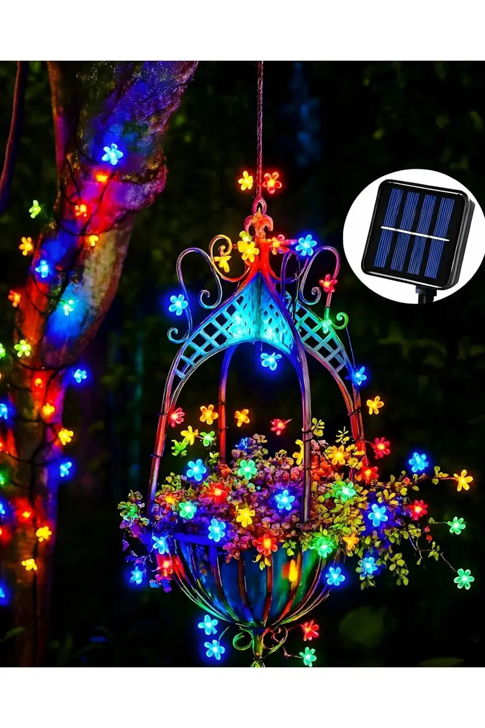 Solar Güneş Enerjili RGB Gökkuşağı 30 Led Çiçek Zinciri Kiraz Çiç