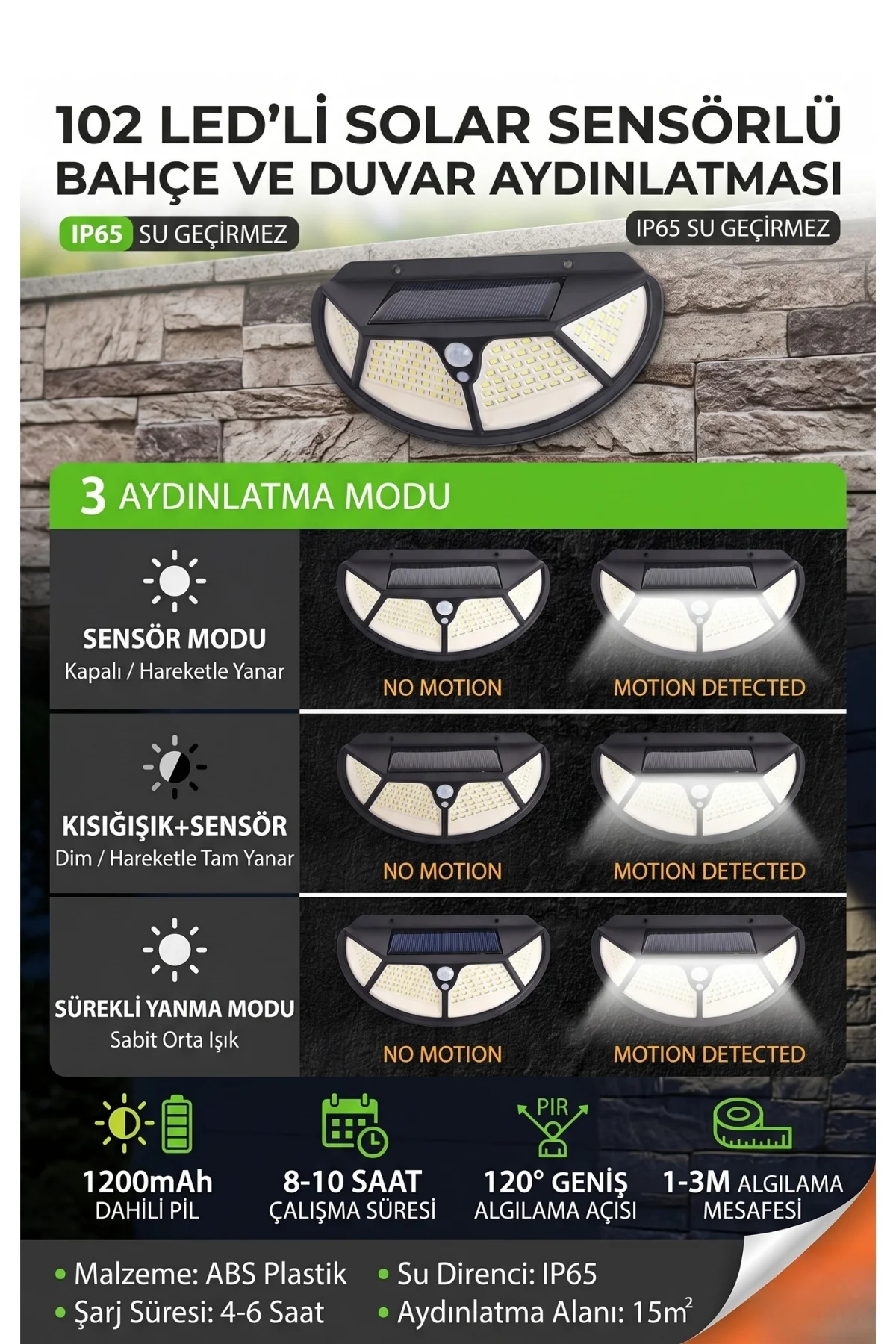Solar Güneş Enerjili 102 LEDli 3 Modlu Hareket Sensörlü Su Geçirm