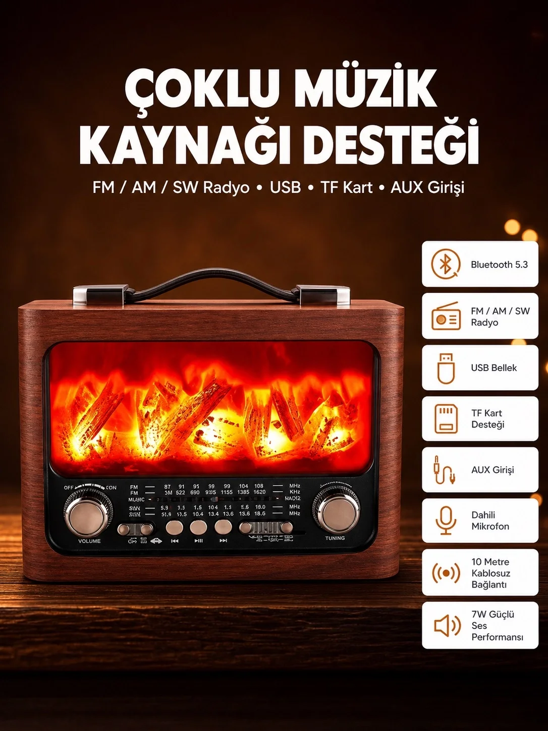 Solar Panelli Alev Işıklı Bluetooth Hoparlör – Çoklu Giriş, Uzun Pil Ömrü