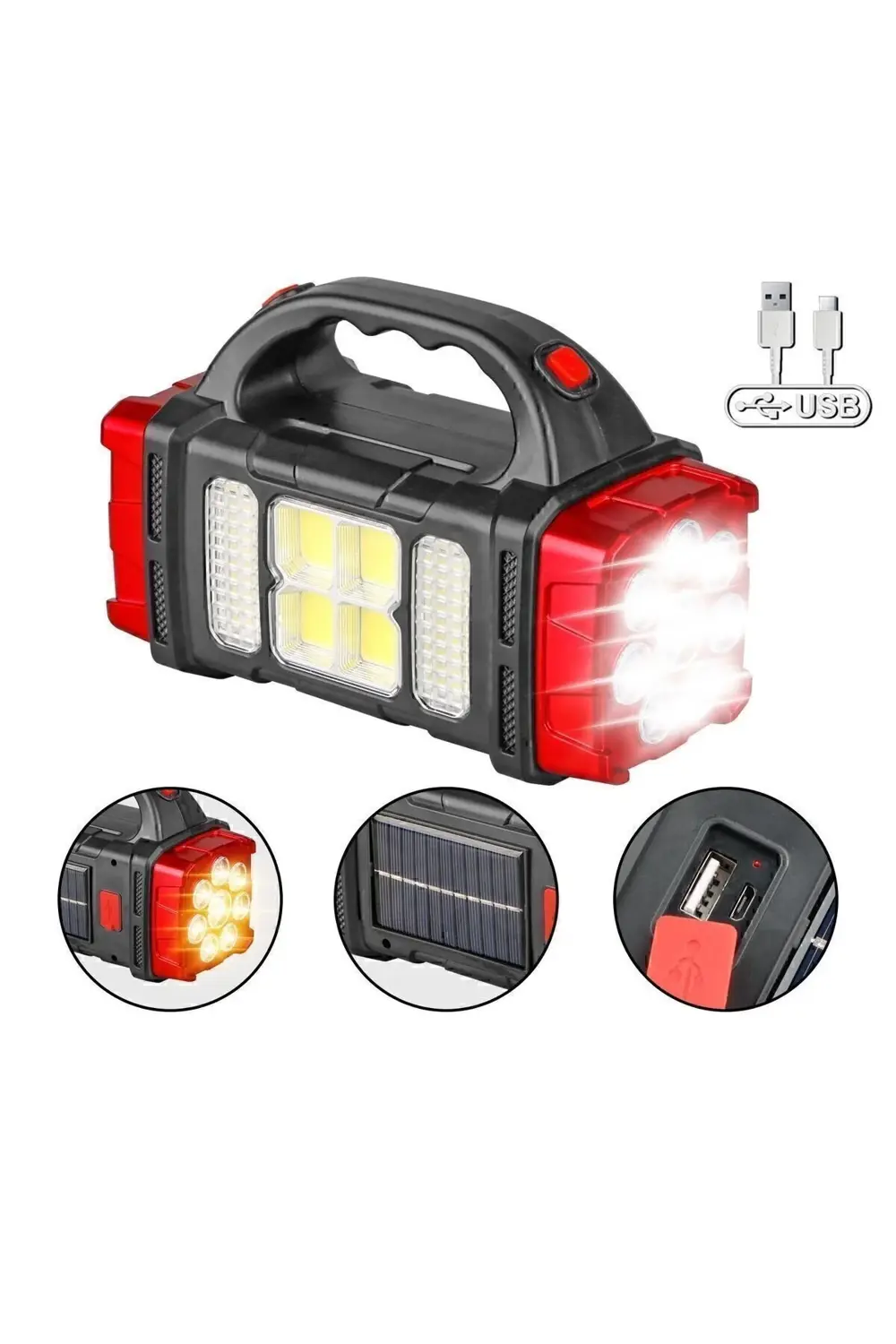 Solar Panelli El Feneri Şarjlı Işıldak Aydınlatma Ledli Usb Çıkış