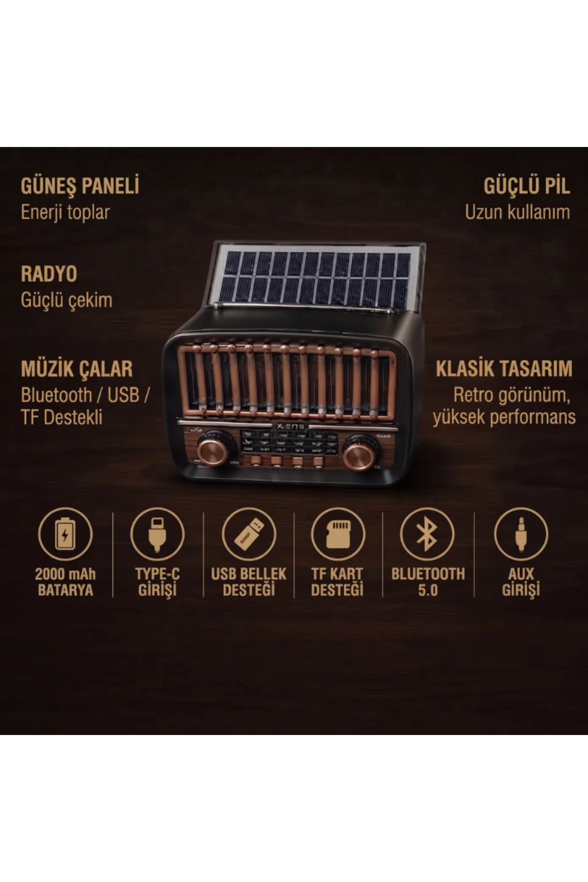 Solar Panelli FM Radyo - Şarjlı - Bluetooth Özellikli - AUX Girişli - Nostaljik Tasarım - Görsel 3